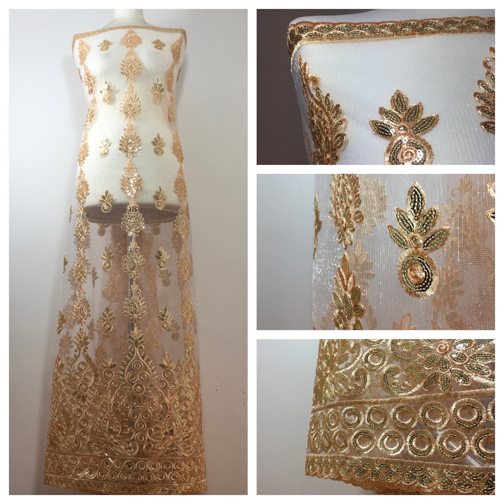 Golden Embroidered Scalloped edge Dress tulle net Fabric 55' Wide M799 Mtex