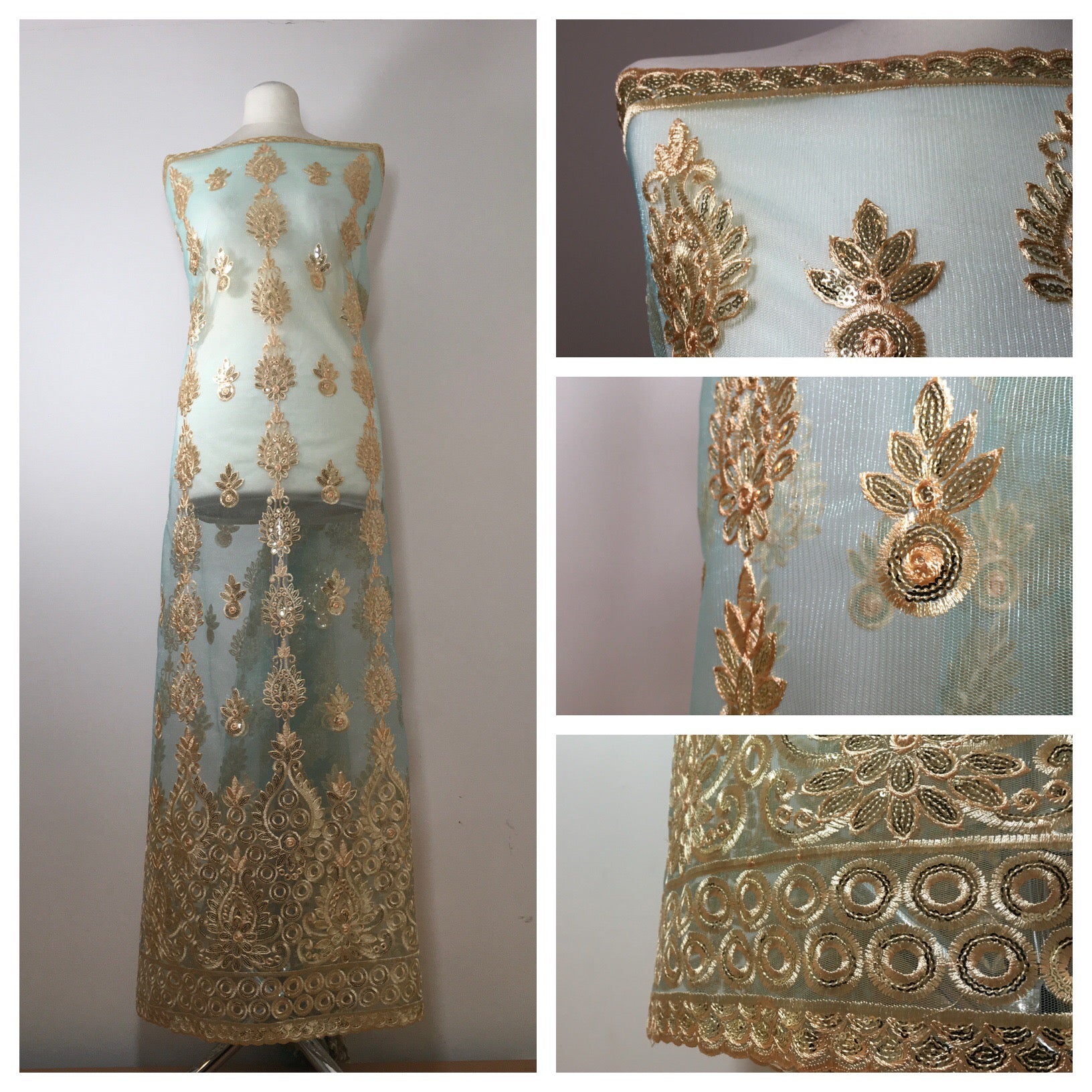 Golden Embroidered Scalloped edge Dress tulle net Fabric 55' Wide M799 Mtex