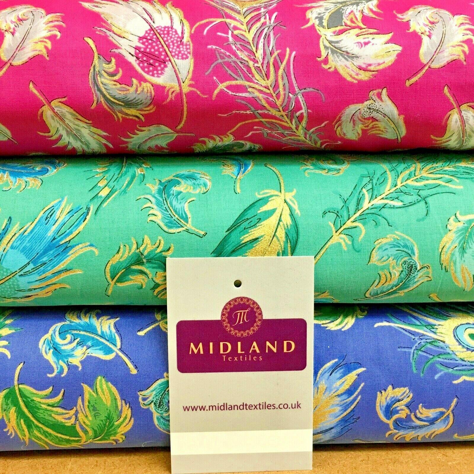 Peacock Feather gold foil print Cotton Lawn Dress Fabric 150cm MK1233 Mtex