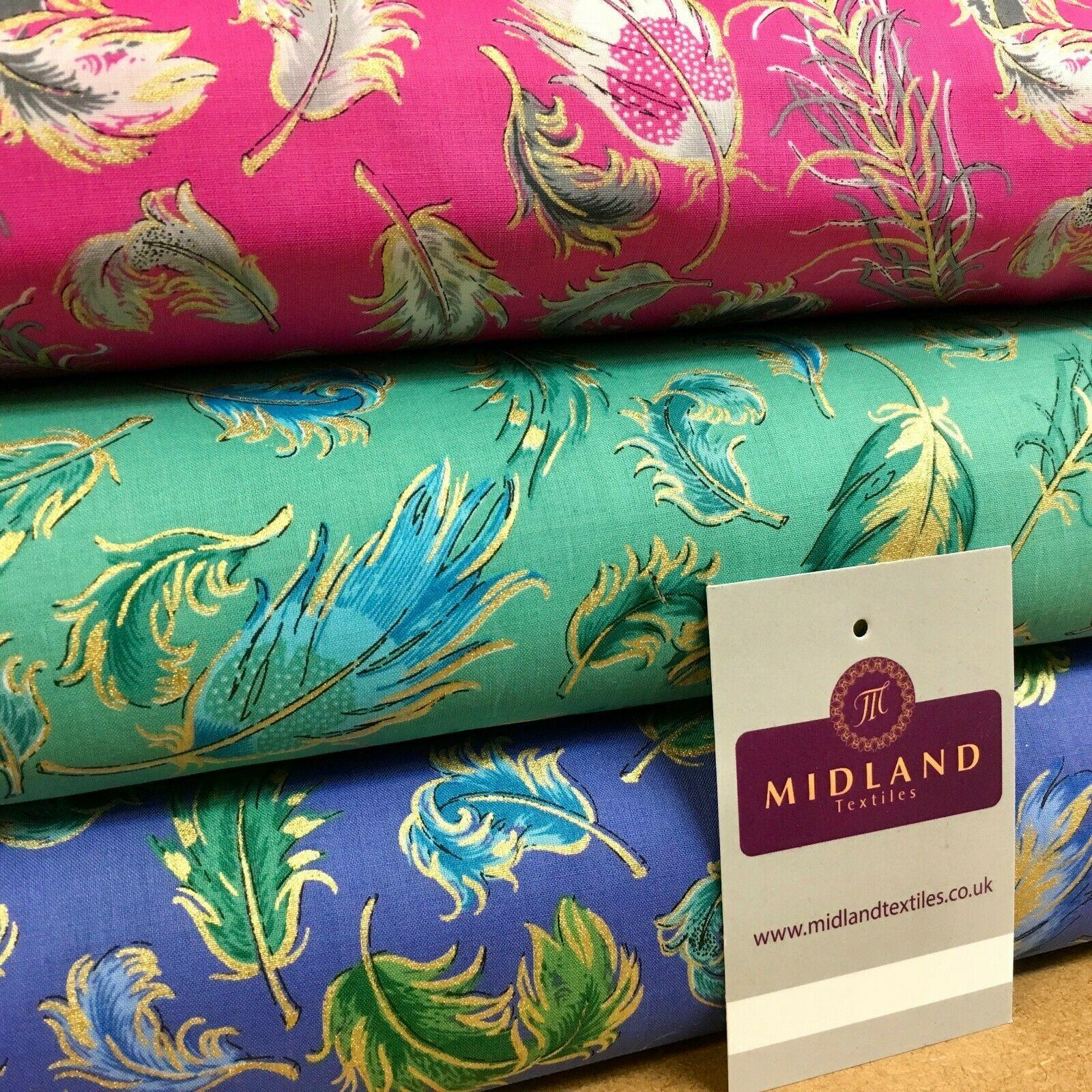 Peacock Feather gold foil print Cotton Lawn Dress Fabric 150cm MK1233 Mtex