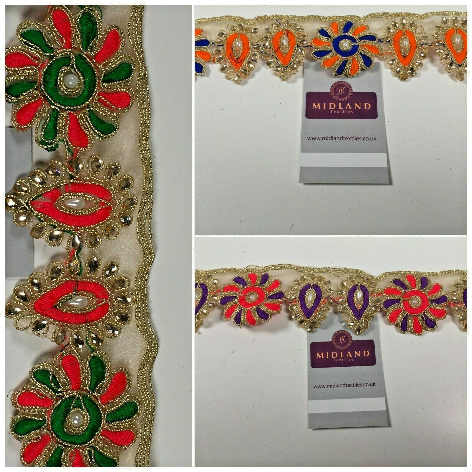 50mm wide Gold Organza Floral Embroided Pearl border saree edging M1346