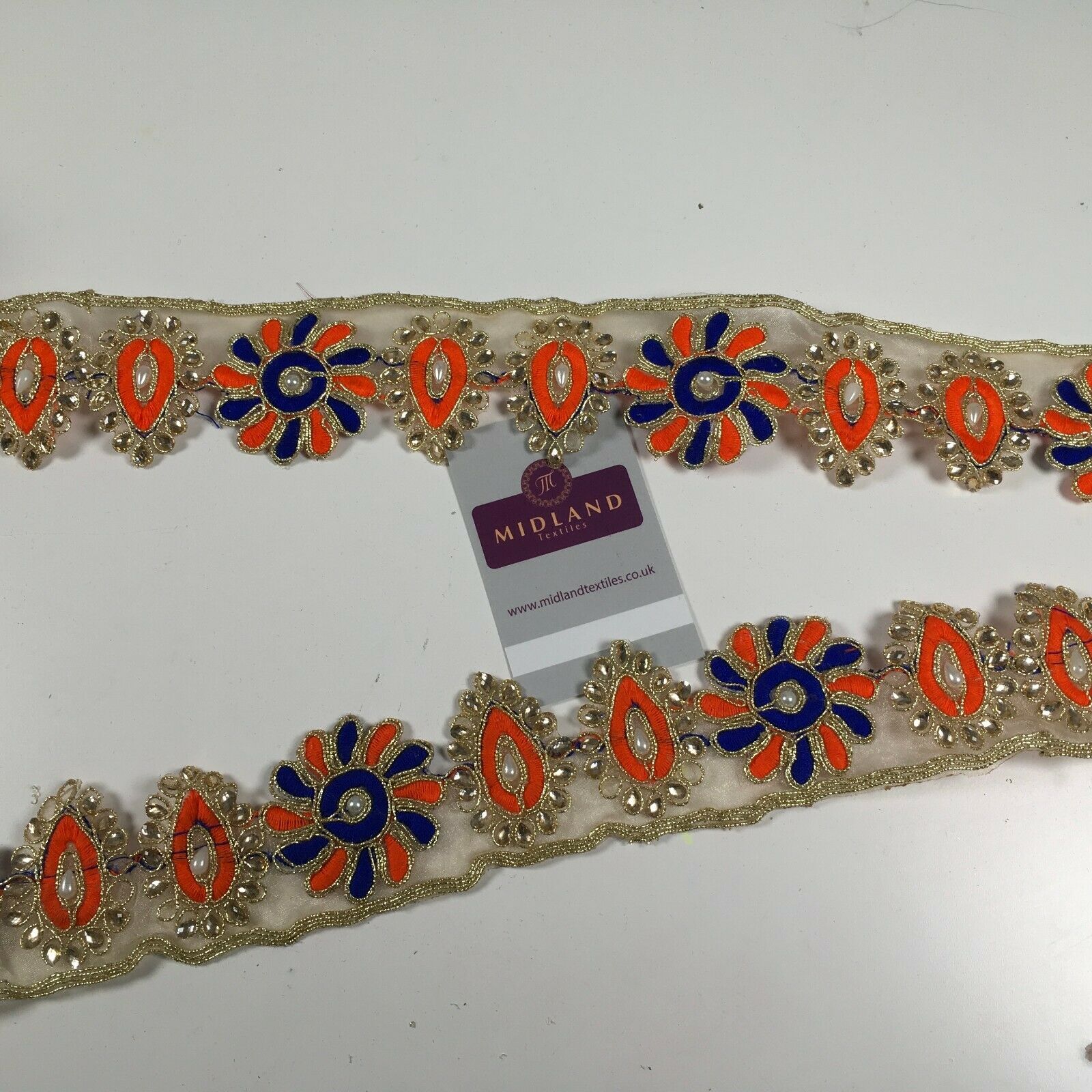 50mm wide Gold Organza Floral Embroided Pearl border saree edging M1346