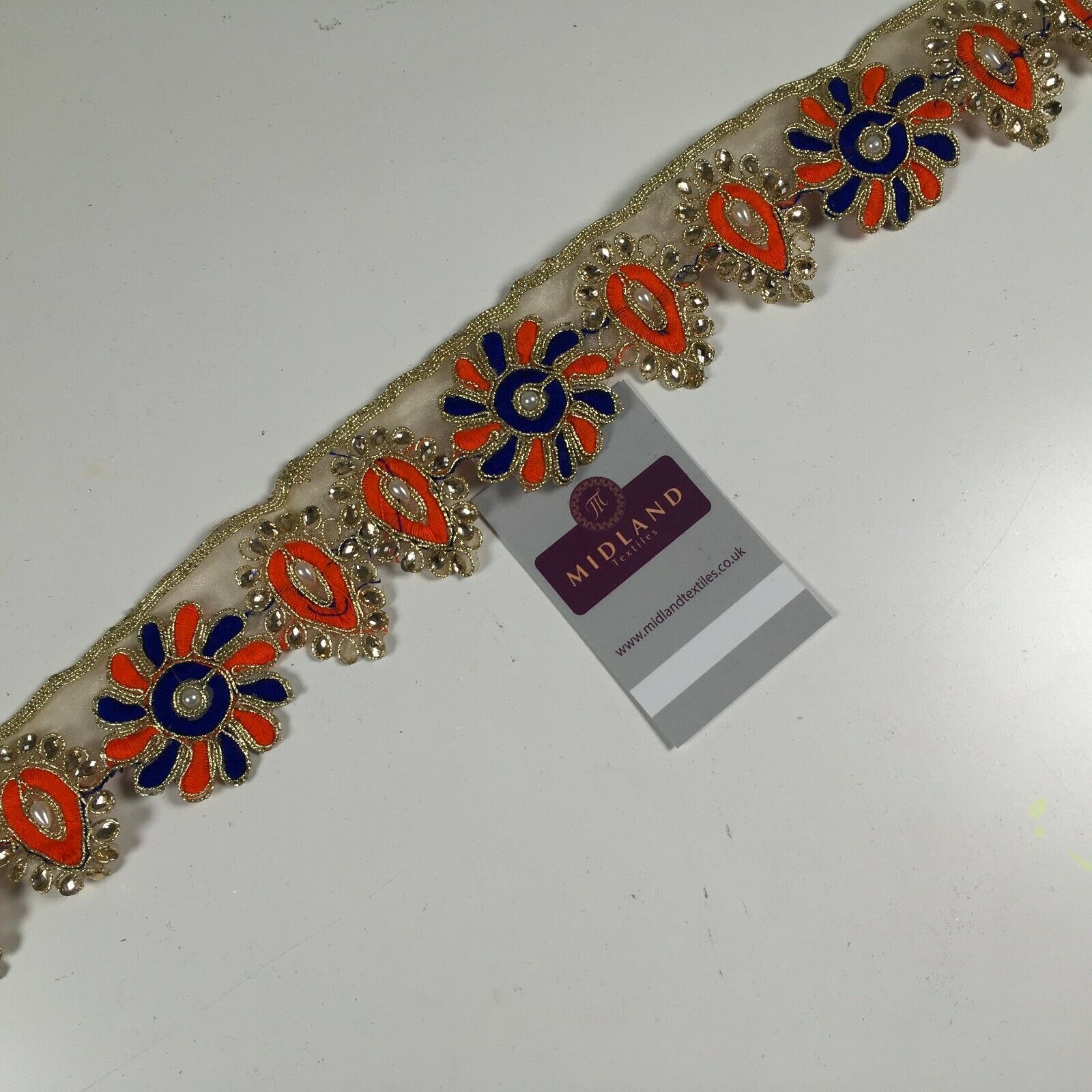 50mm wide Gold Organza Floral Embroided Pearl border saree edging M1346