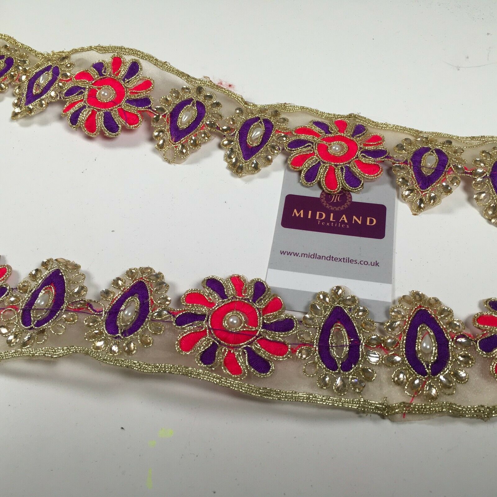 50mm wide Gold Organza Floral Embroided Pearl border saree edging M1346