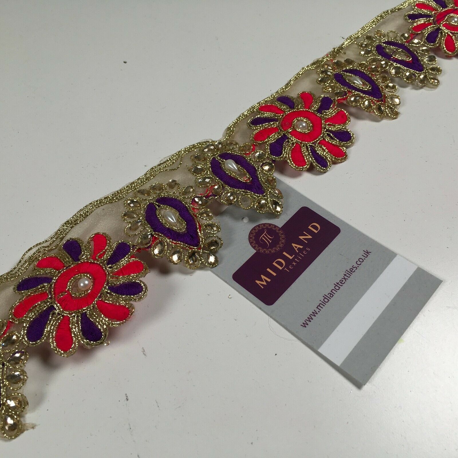 50mm wide Gold Organza Floral Embroided Pearl border saree edging M1346