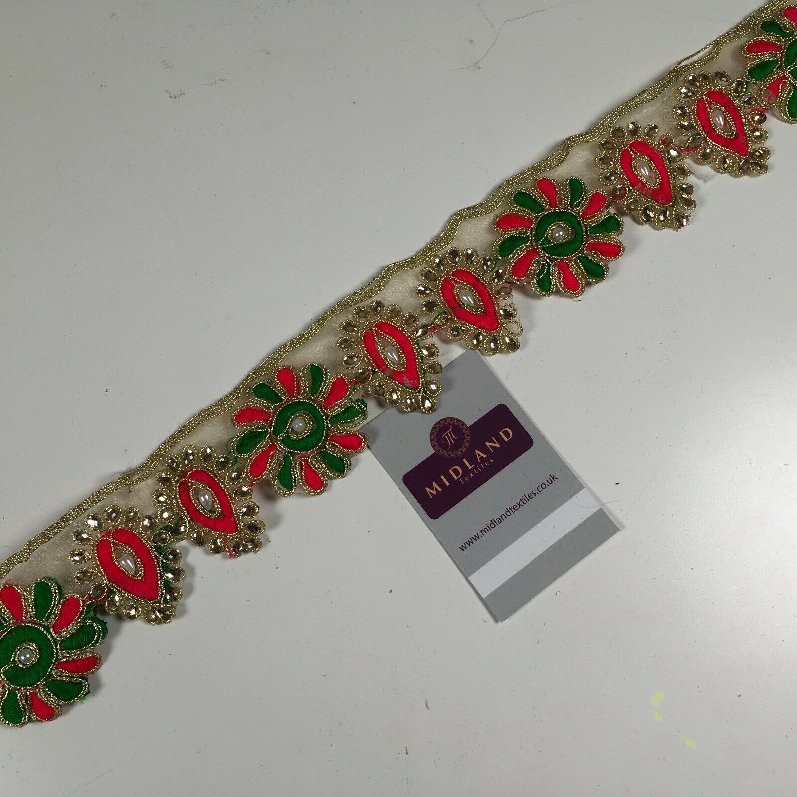 50mm wide Gold Organza Floral Embroided Pearl border saree edging M1346