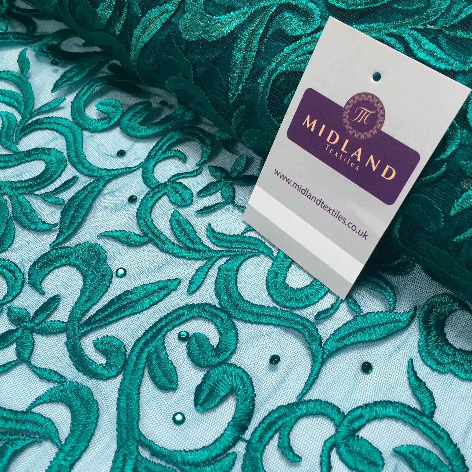 Double scalloped Thread embroidered Net with stones Fabric 139 cm M1249 Mtex