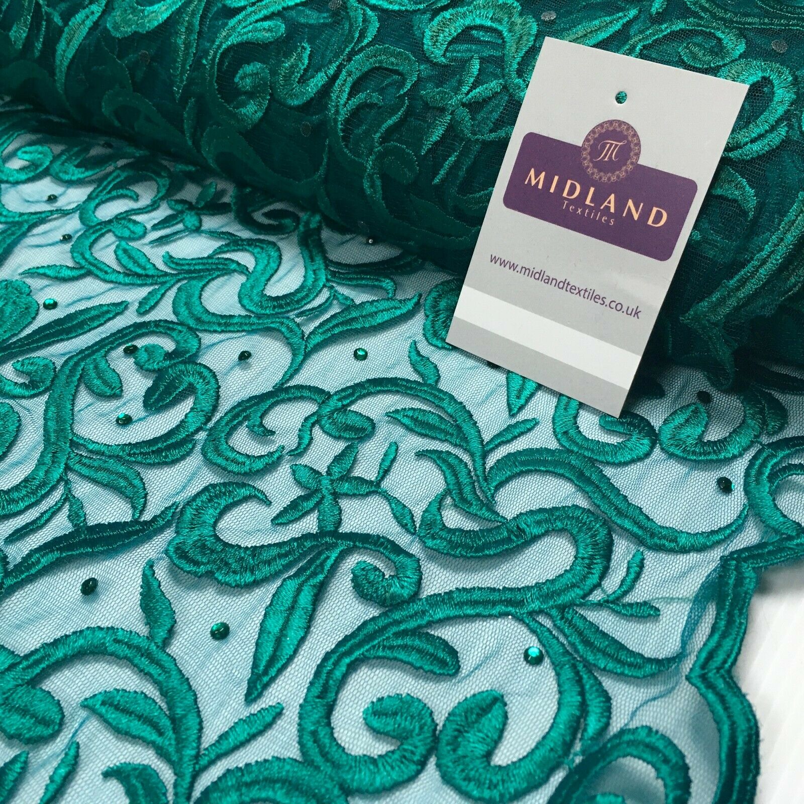 Double scalloped Thread embroidered Net with stones Fabric 139 cm M1249 Mtex