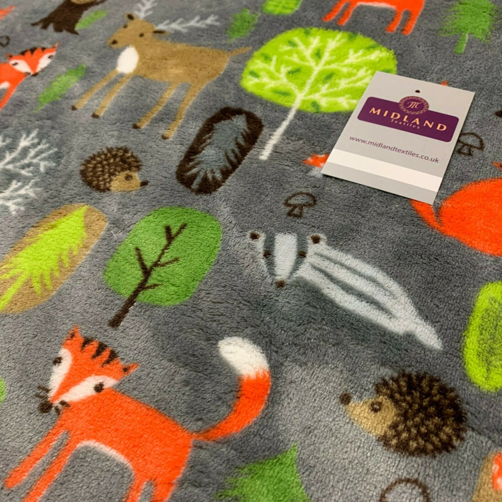 Grey and Lime Fox and Hedgehog Soft Cuddle Fleece Fabric 150cm  M701-4 Mtex