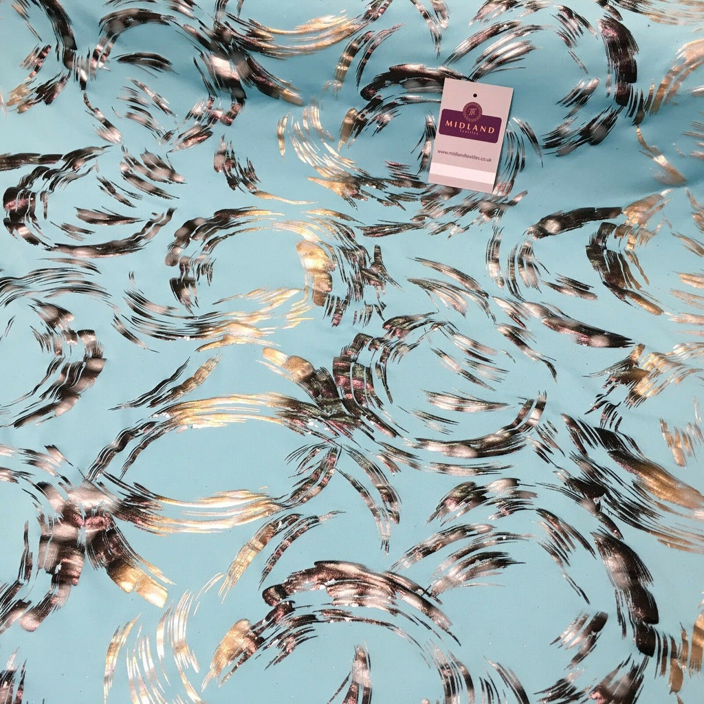 Aqua Bronze Spandex Jersey Foil Printed Dress fabric 58