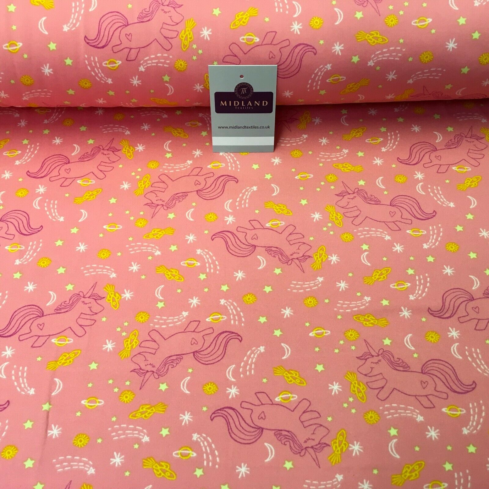 Coral Pink Unicorns Printed Brushed Jersey Dress fabric 150cm Wide MK1106-5 Mtex