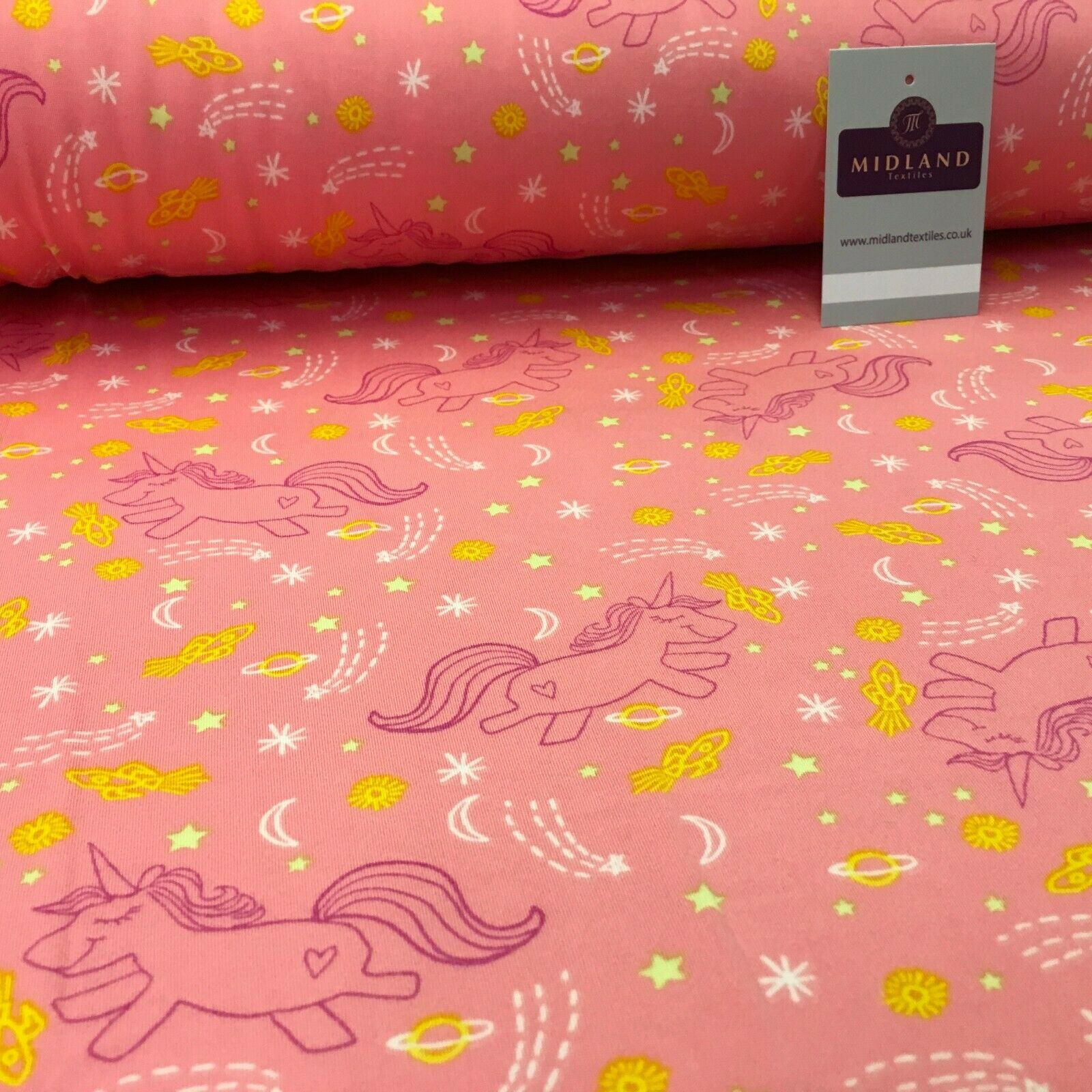 Coral Pink Unicorns Printed Brushed Jersey Dress fabric 150cm Wide MK1106-5 Mtex