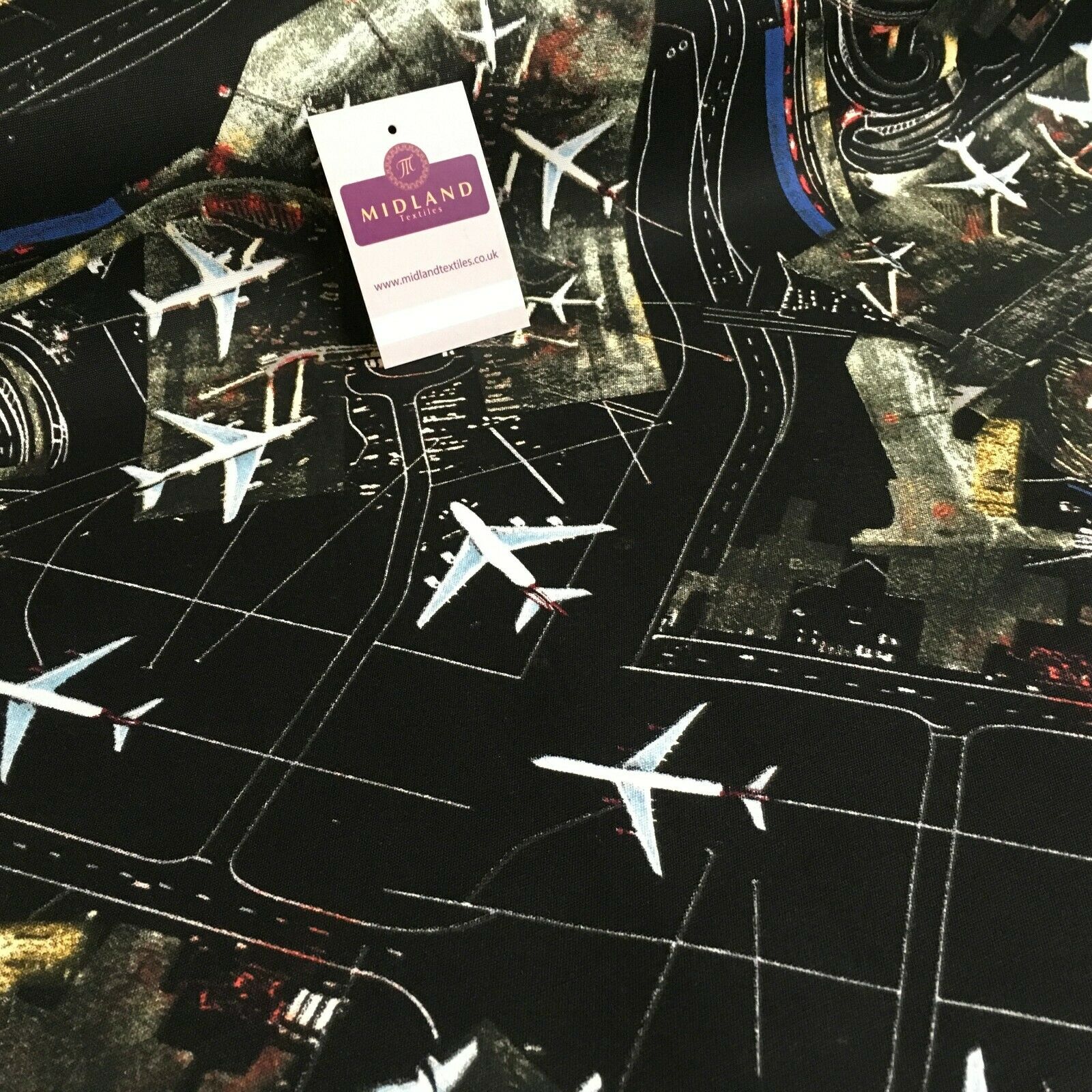 Black Airport Landing Aeroplanes 100% Cotton Canvas Fabric 150 cm Wide MK856-17