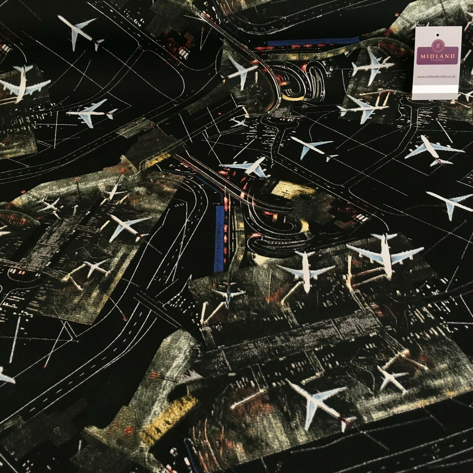 Black Airport Landing Aeroplanes 100% Cotton Canvas Fabric 150 cm Wide MK856-17