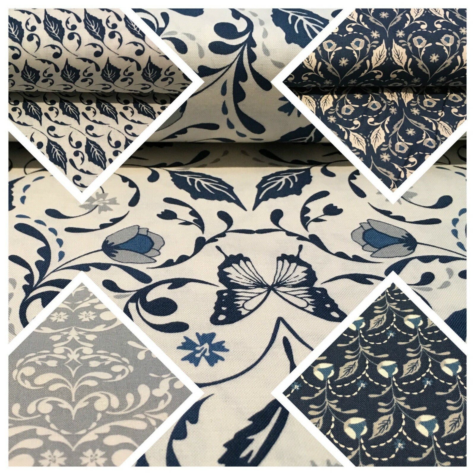 Blue William Morris inspired Butterfly and leaves 100% cotton fabric 45' M669