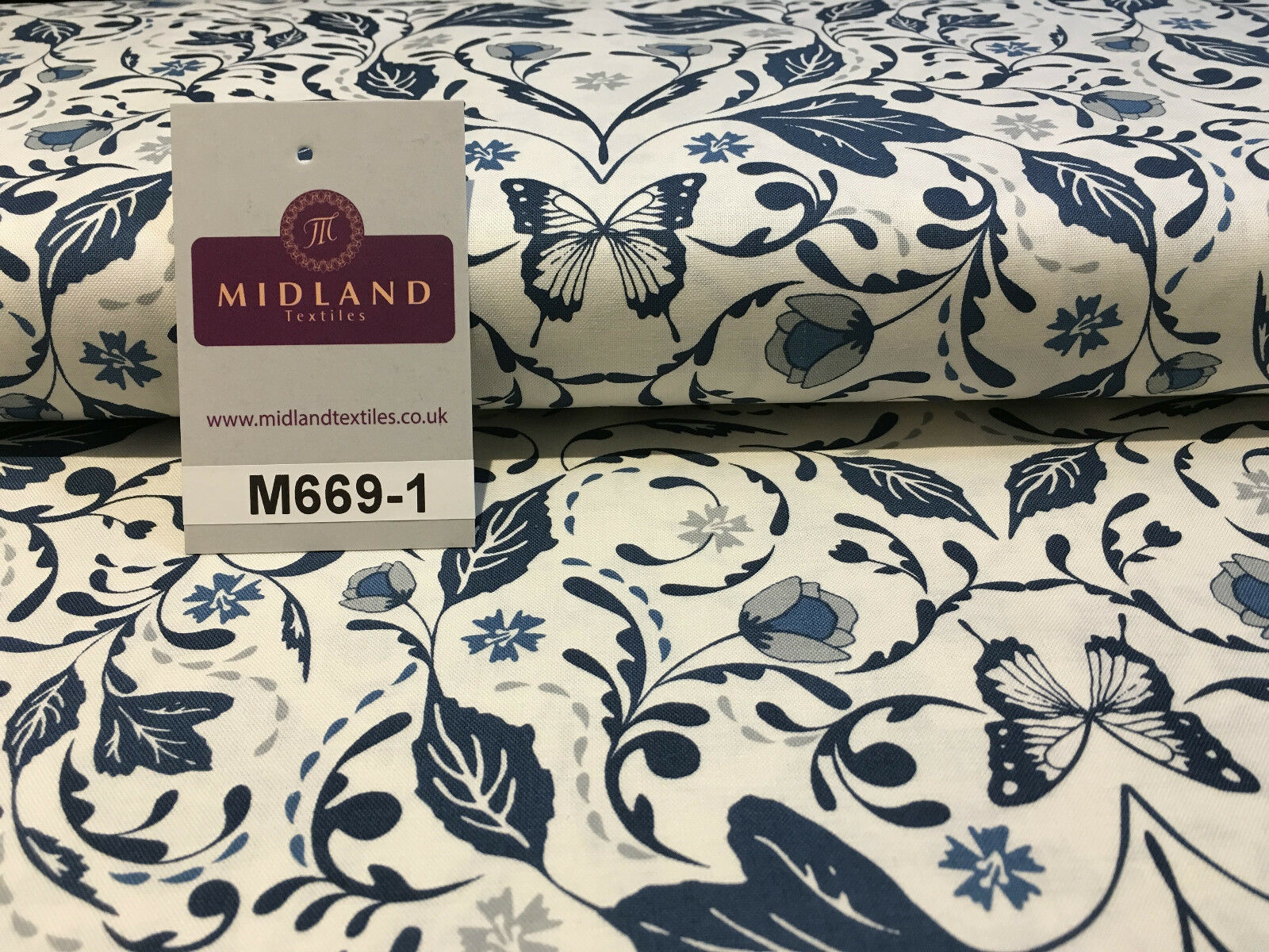 Blue William Morris inspired Butterfly and leaves 100% cotton fabric 45' M669