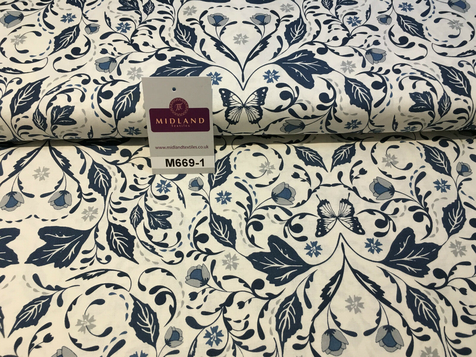 Blue William Morris inspired Butterfly and leaves 100% cotton fabric 45' M669