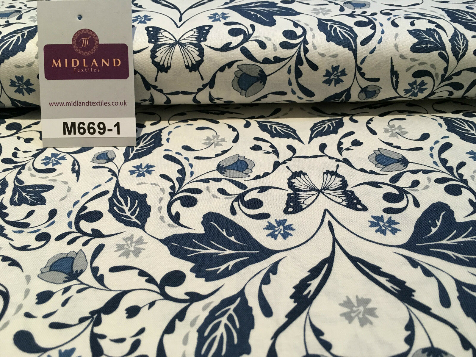 Blue William Morris inspired Butterfly and leaves 100% cotton fabric 45' M669