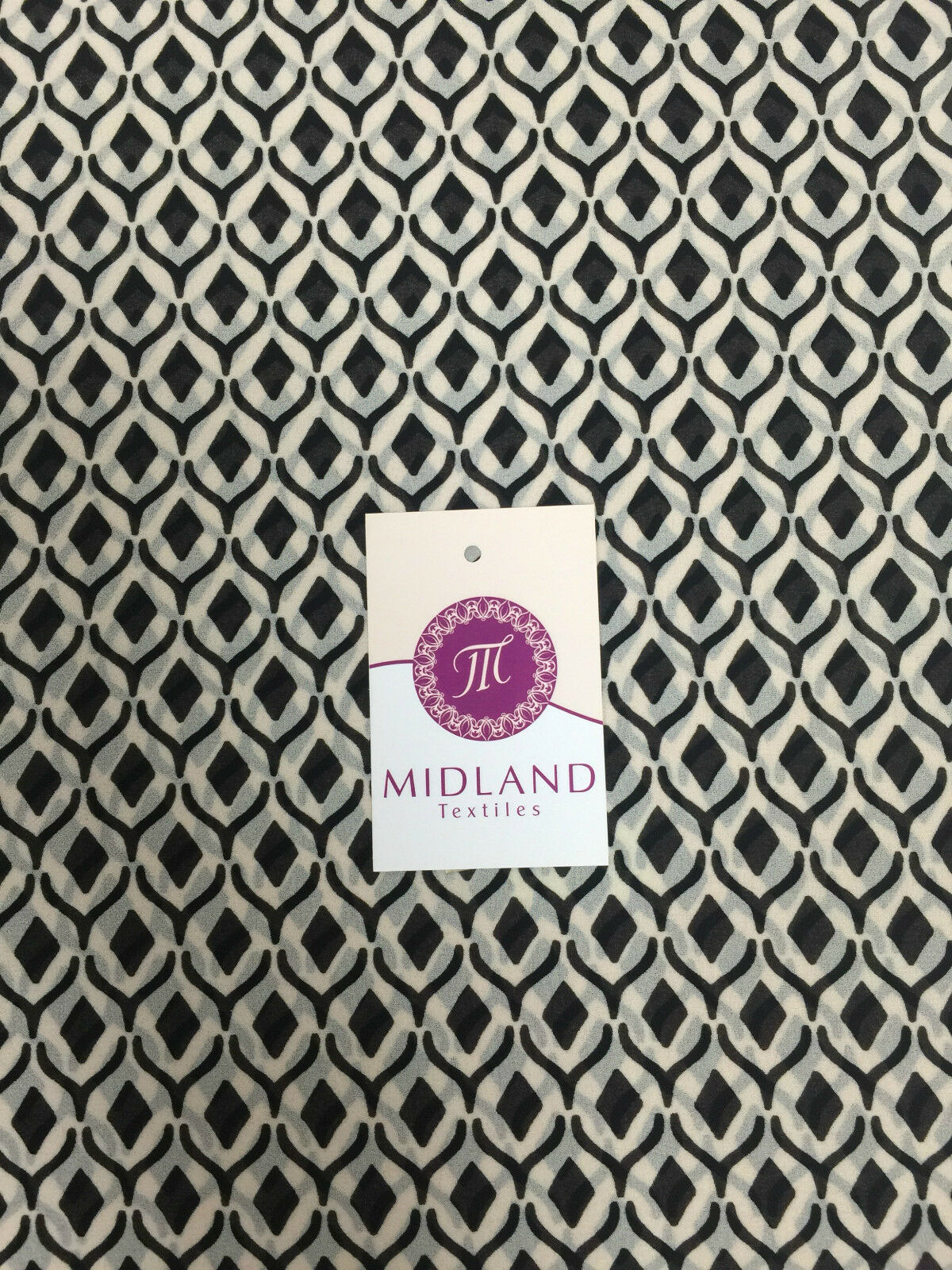 Black and Off white geometric diamond crepe chiffon printed fabric 58' M401-13