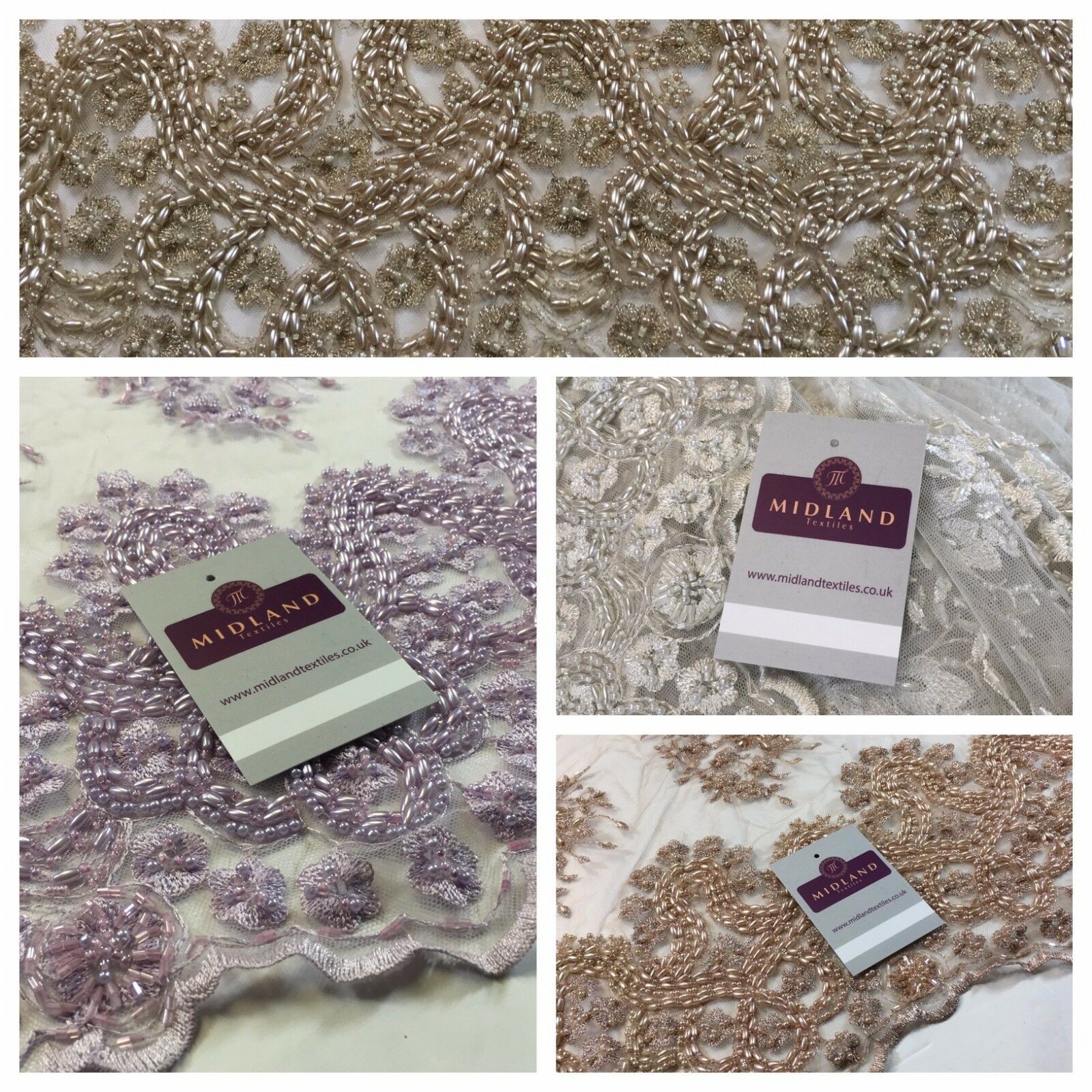 Faux Pearl Heavy Embellished Scalloped Edged Dress Net Fabric 58' M793 Mtex