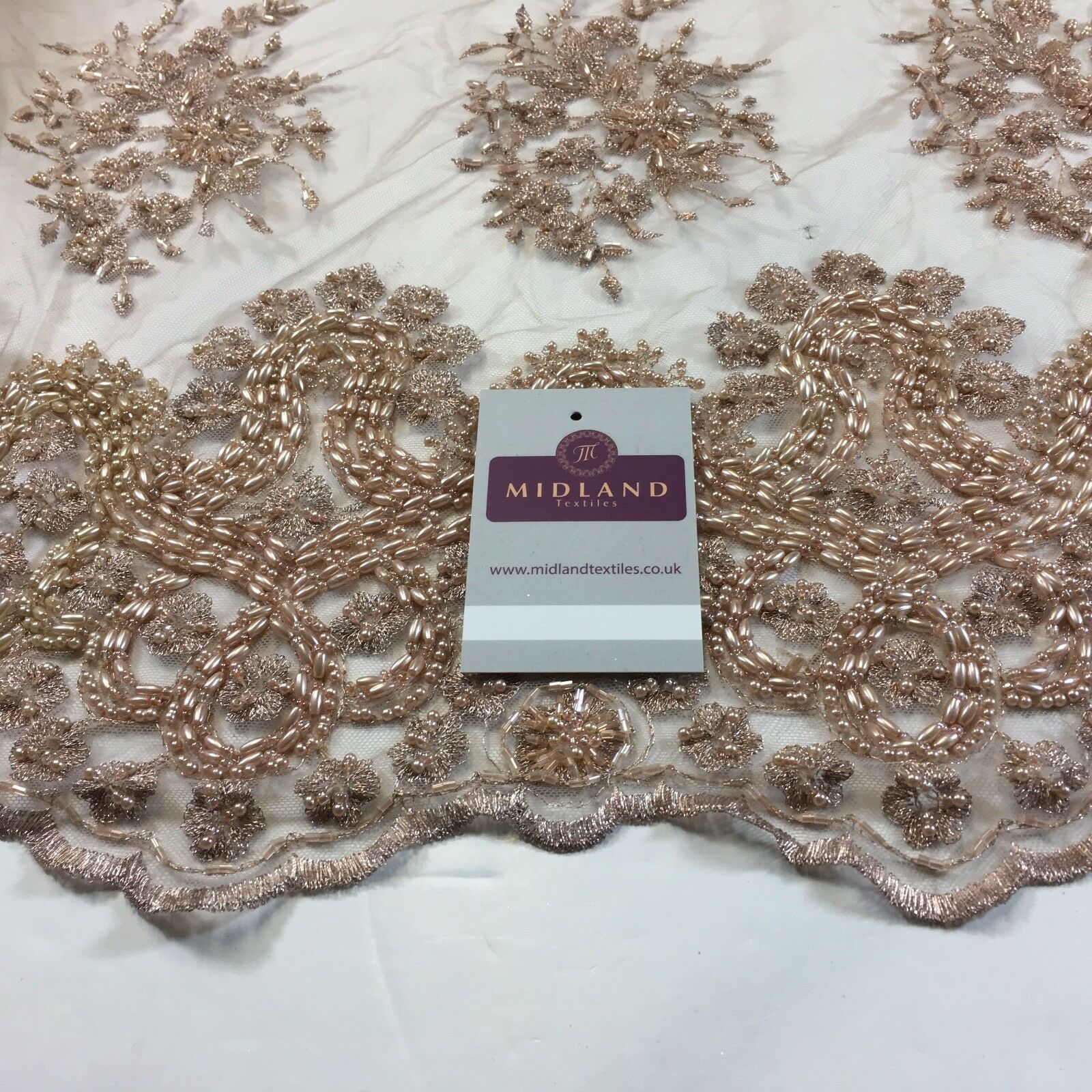 Faux Pearl Heavy Embellished Scalloped Edged Dress Net Fabric 58' M793 Mtex