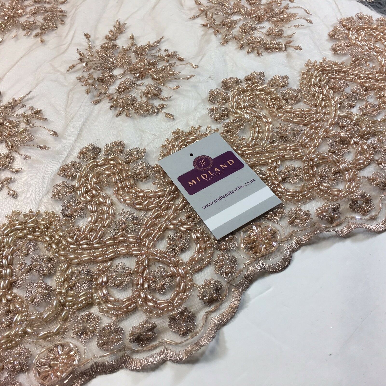 Faux Pearl Heavy Embellished Scalloped Edged Dress Net Fabric 58' M793 Mtex