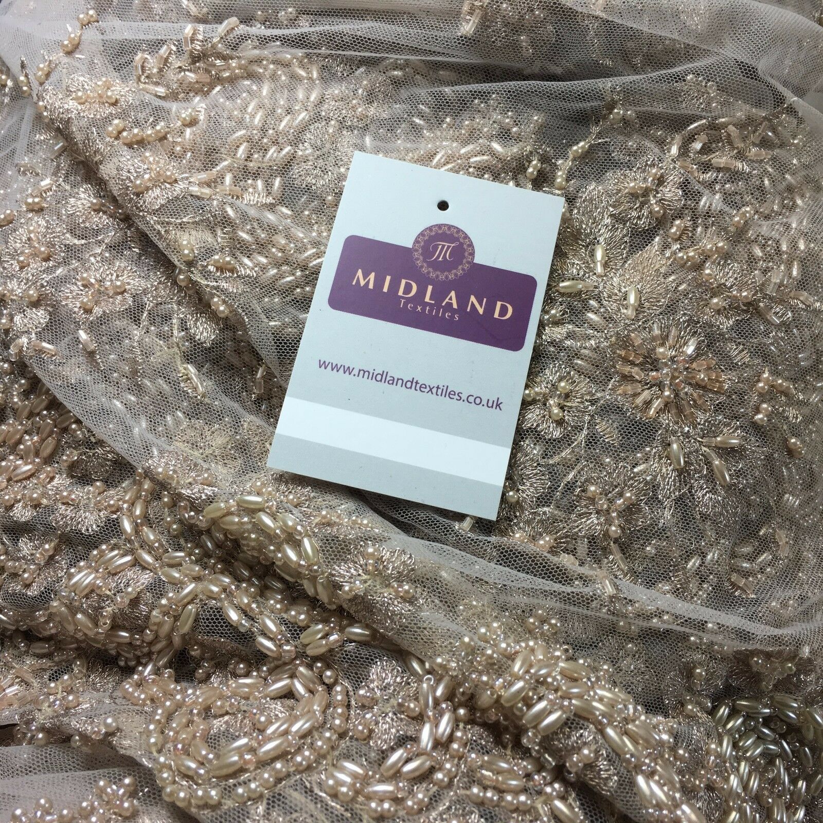 Faux Pearl Heavy Embellished Scalloped Edged Dress Net Fabric 58' M793 Mtex