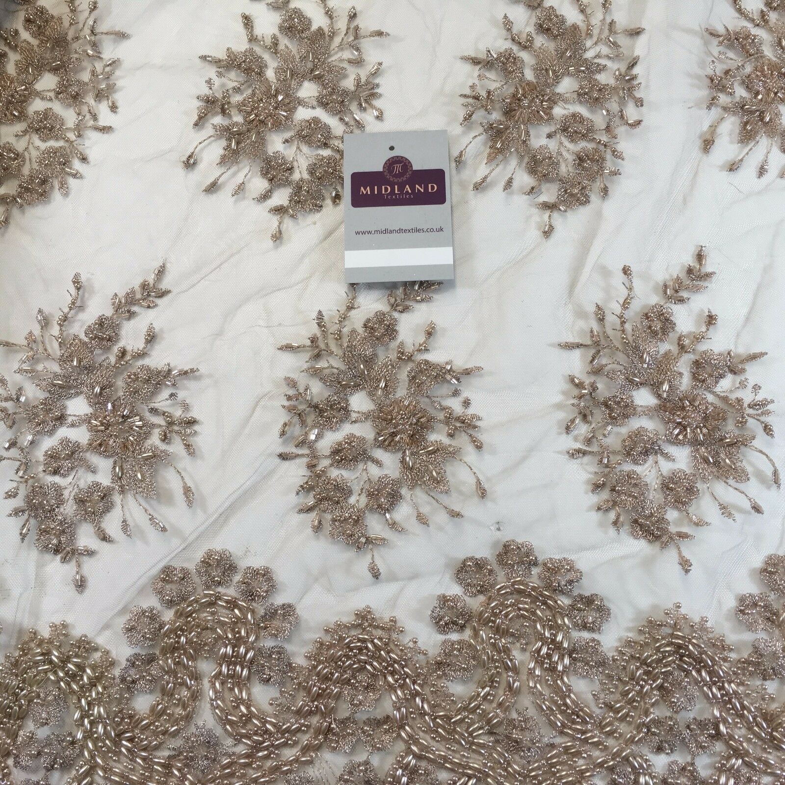 Faux Pearl Heavy Embellished Scalloped Edged Dress Net Fabric 58' M793 Mtex