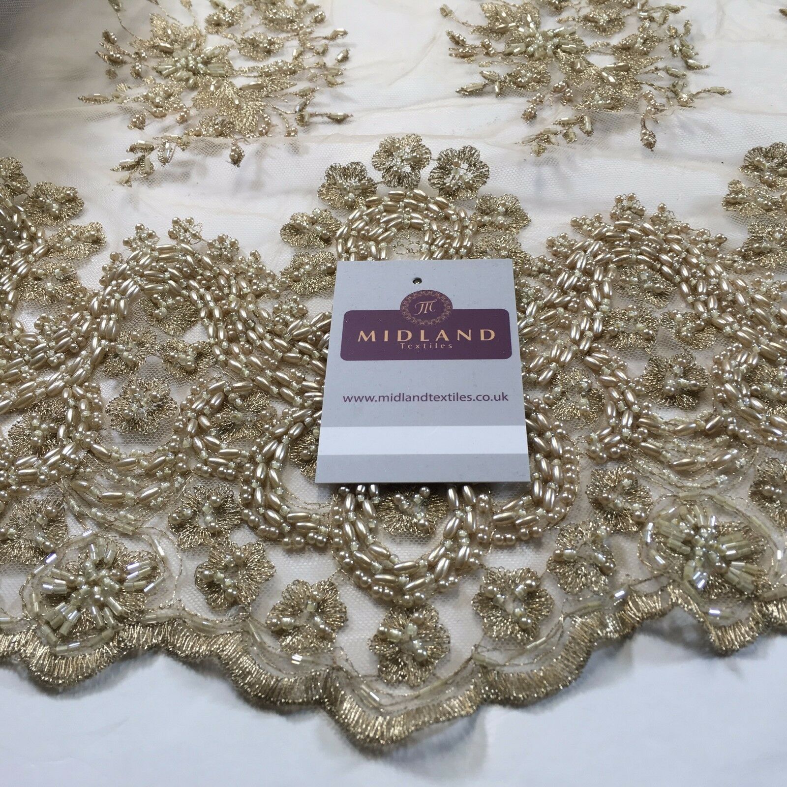 Faux Pearl Heavy Embellished Scalloped Edged Dress Net Fabric 58' M793 Mtex