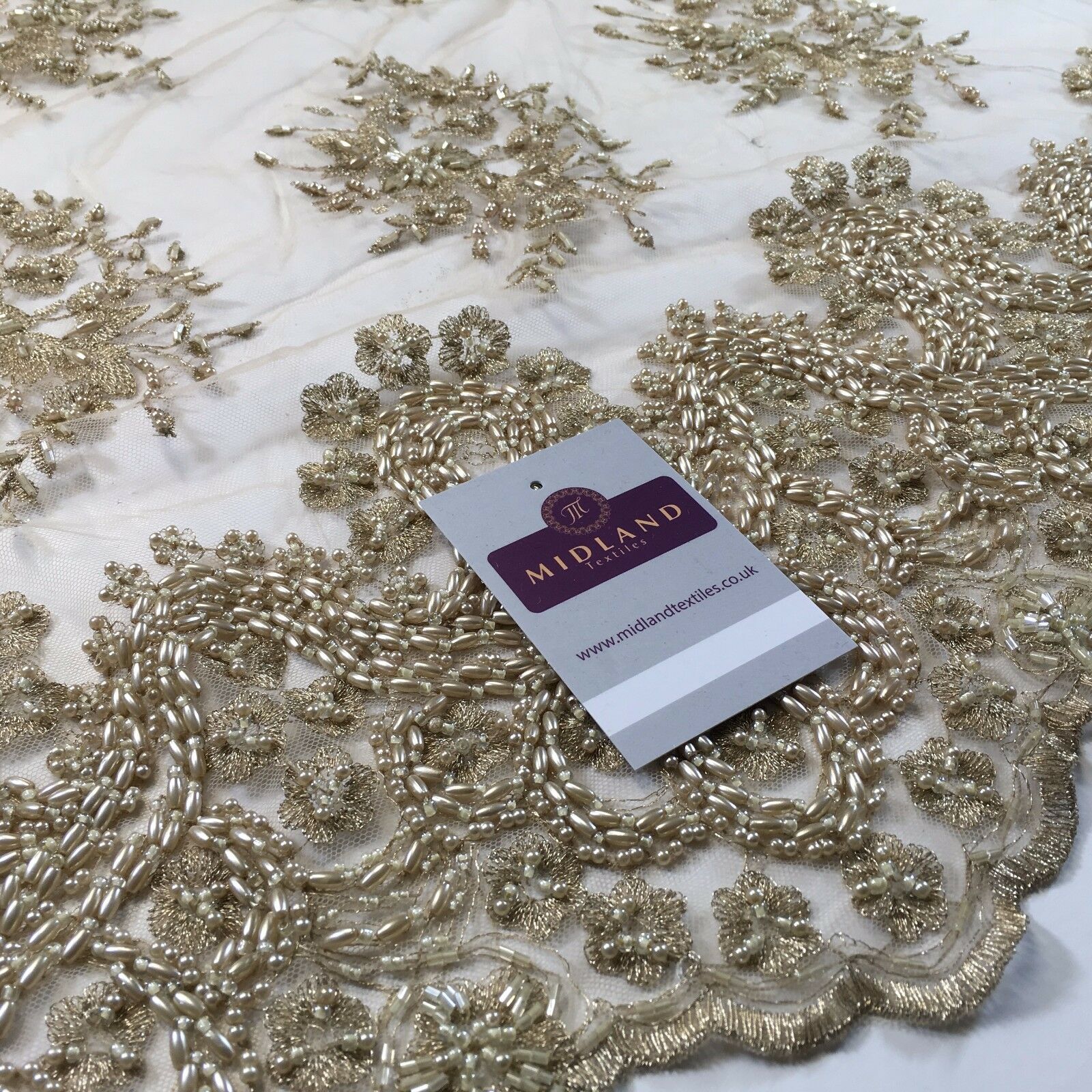 Faux Pearl Heavy Embellished Scalloped Edged Dress Net Fabric 58' M793 Mtex