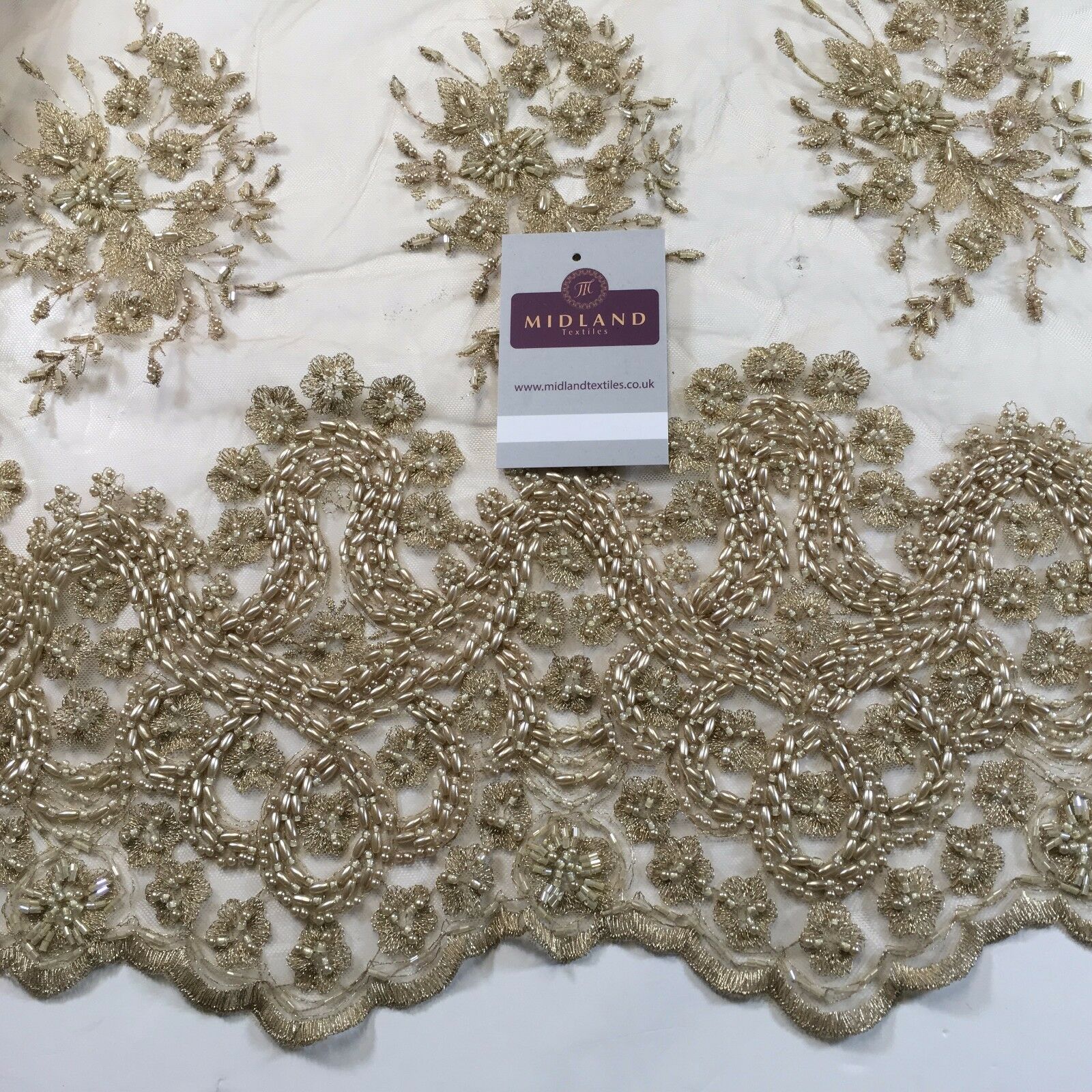 Faux Pearl Heavy Embellished Scalloped Edged Dress Net Fabric 58' M793 Mtex