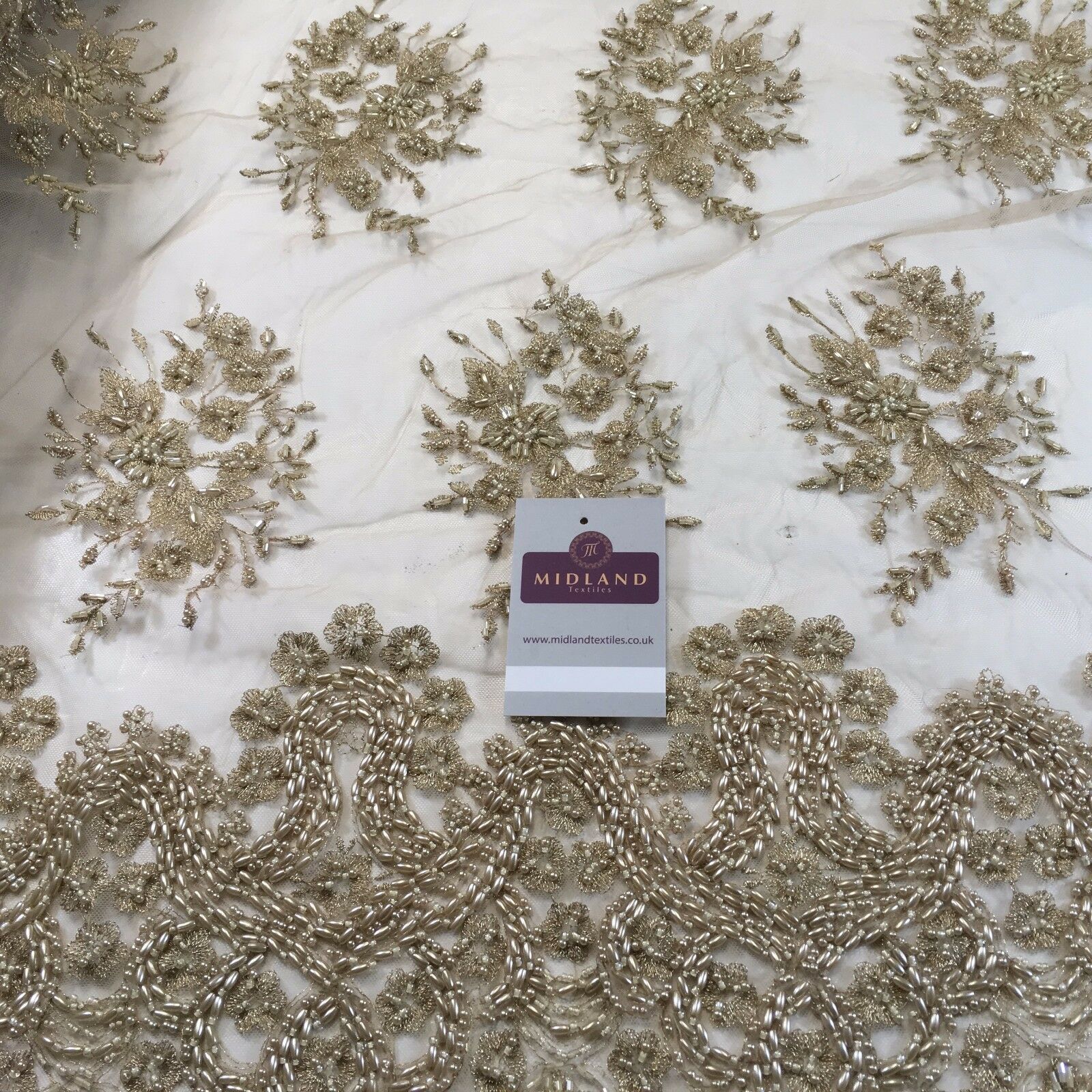 Faux Pearl Heavy Embellished Scalloped Edged Dress Net Fabric 58' M793 Mtex