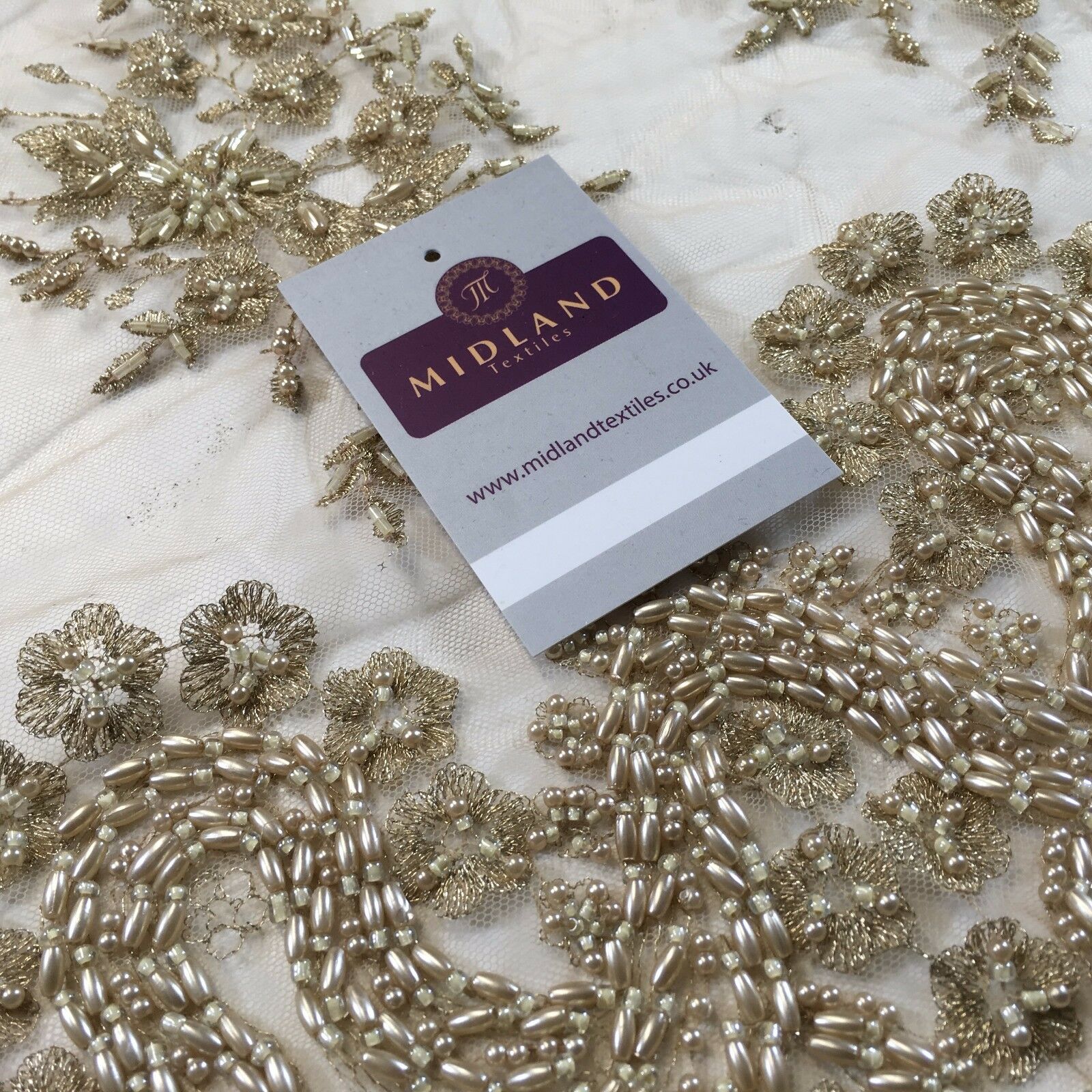 Faux Pearl Heavy Embellished Scalloped Edged Dress Net Fabric 58' M793 Mtex