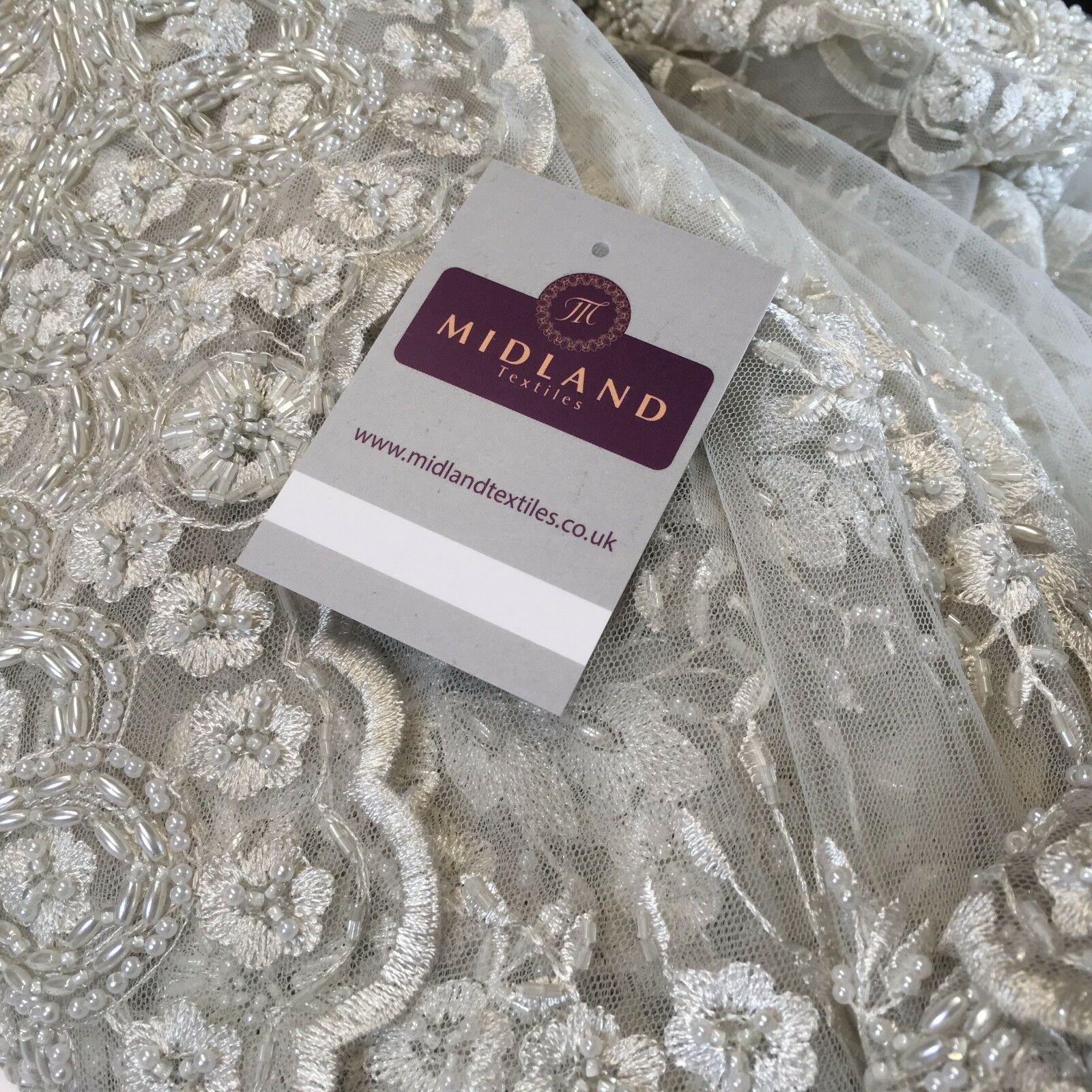 Faux Pearl Heavy Embellished Scalloped Edged Dress Net Fabric 58' M793 Mtex