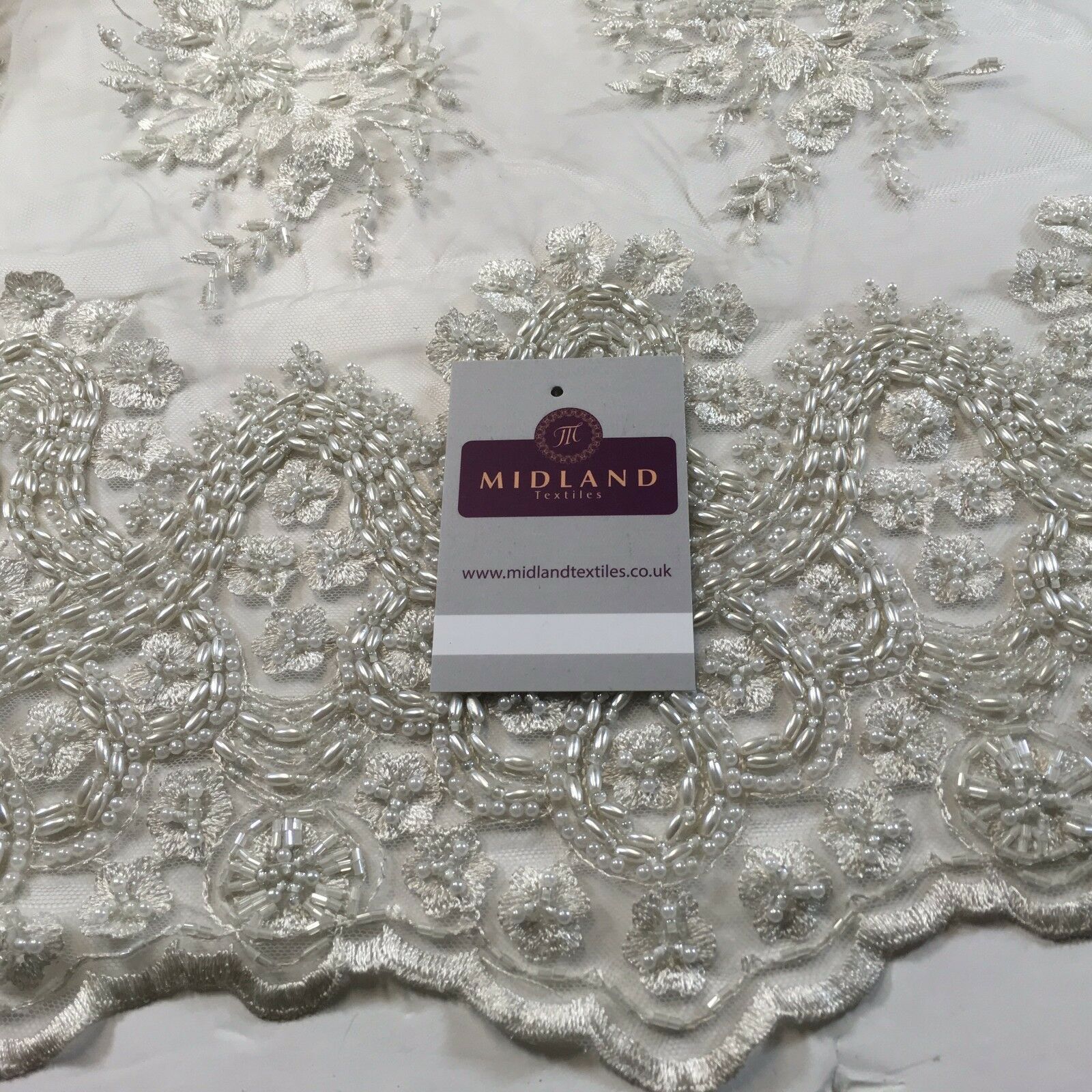 Faux Pearl Heavy Embellished Scalloped Edged Dress Net Fabric 58' M793 Mtex