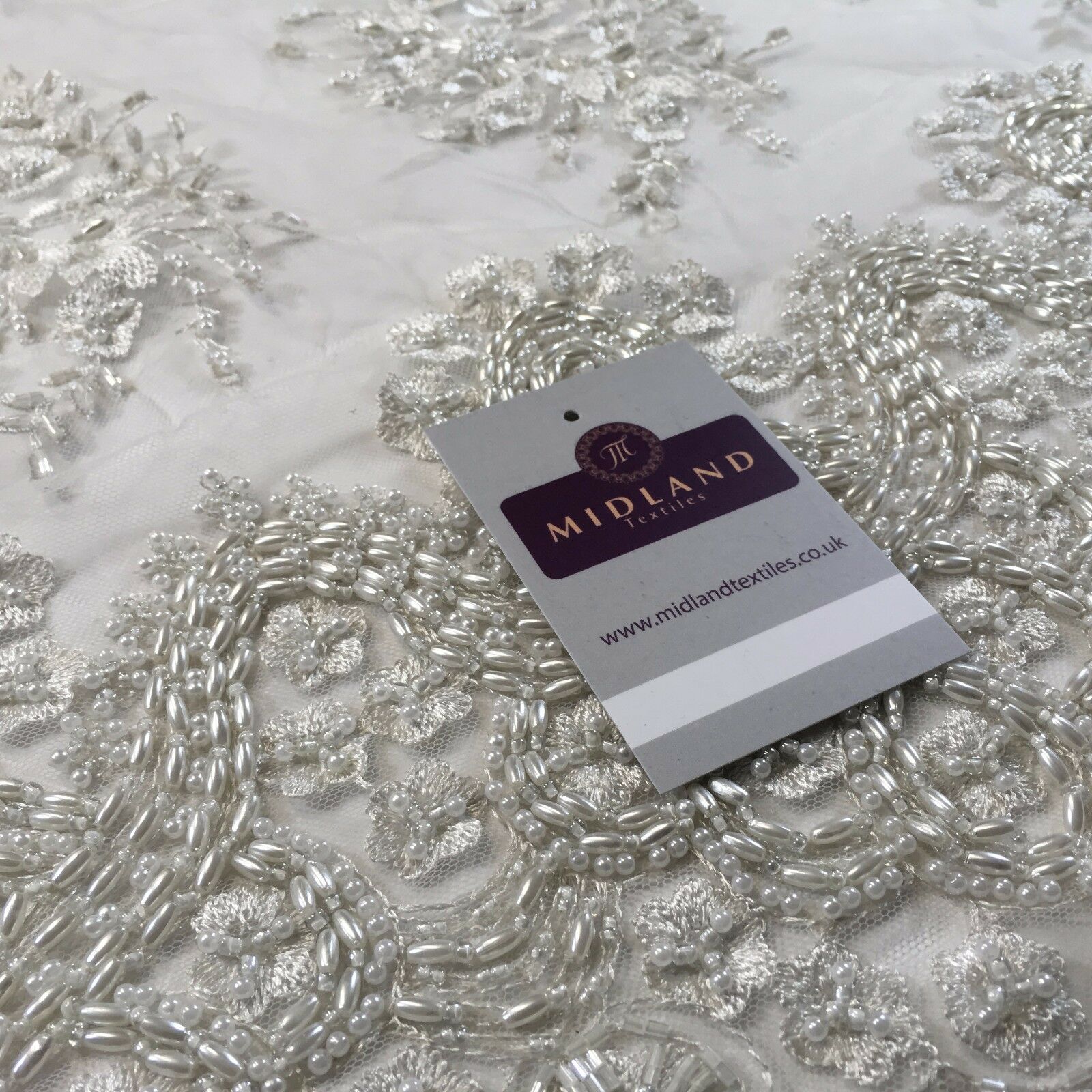 Faux Pearl Heavy Embellished Scalloped Edged Dress Net Fabric 58' M793 Mtex