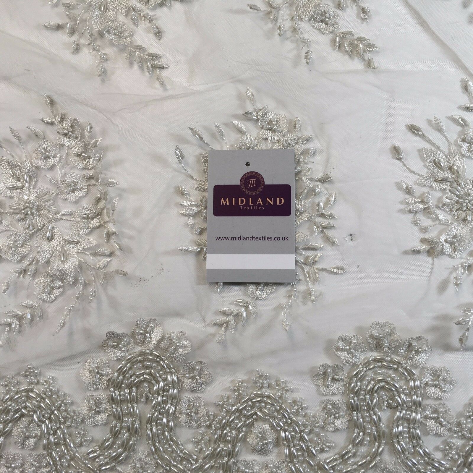 Faux Pearl Heavy Embellished Scalloped Edged Dress Net Fabric 58' M793 Mtex