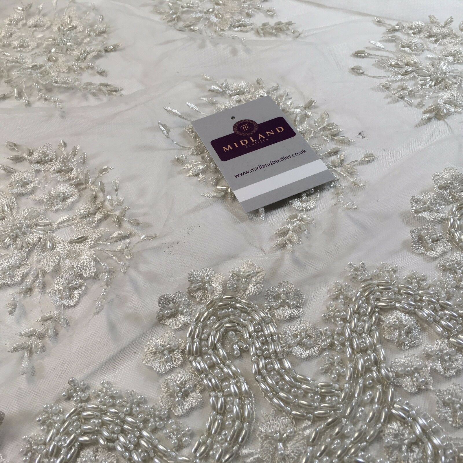 Faux Pearl Heavy Embellished Scalloped Edged Dress Net Fabric 58' M793 Mtex