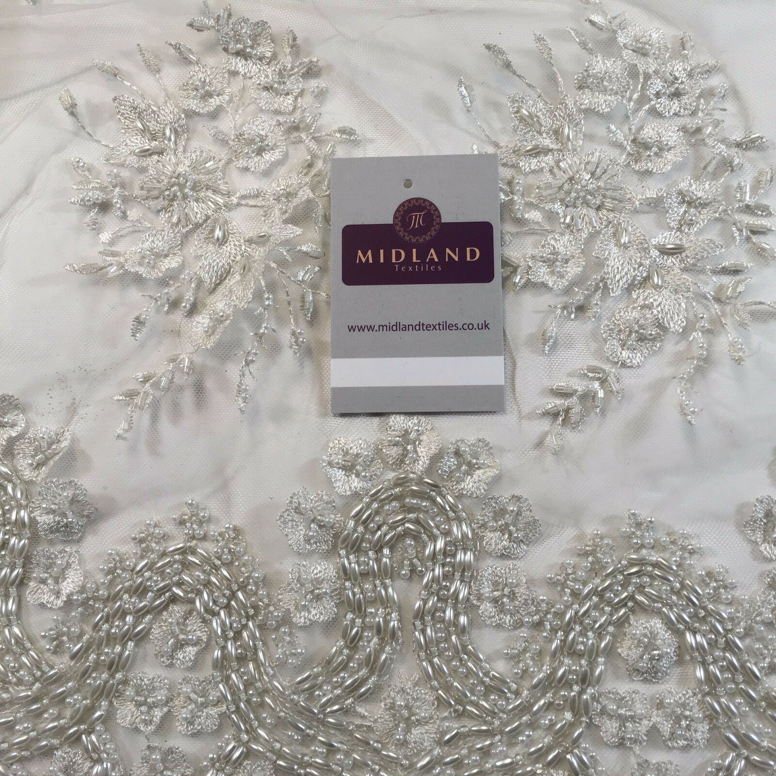 Faux Pearl Heavy Embellished Scalloped Edged Dress Net Fabric 58' M793 Mtex