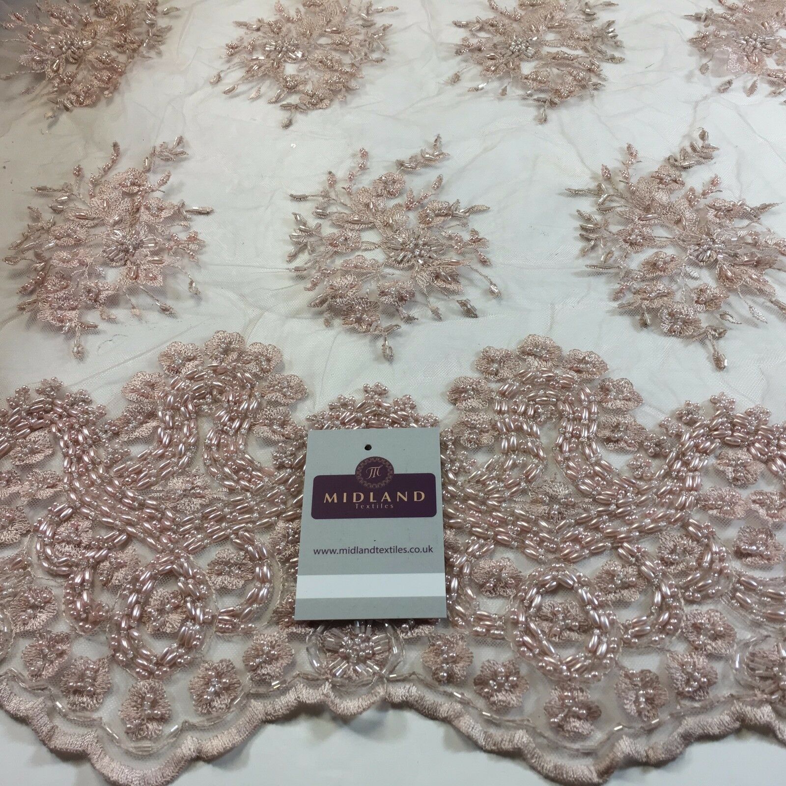 Faux Pearl Heavy Embellished Scalloped Edged Dress Net Fabric 58' M793 Mtex