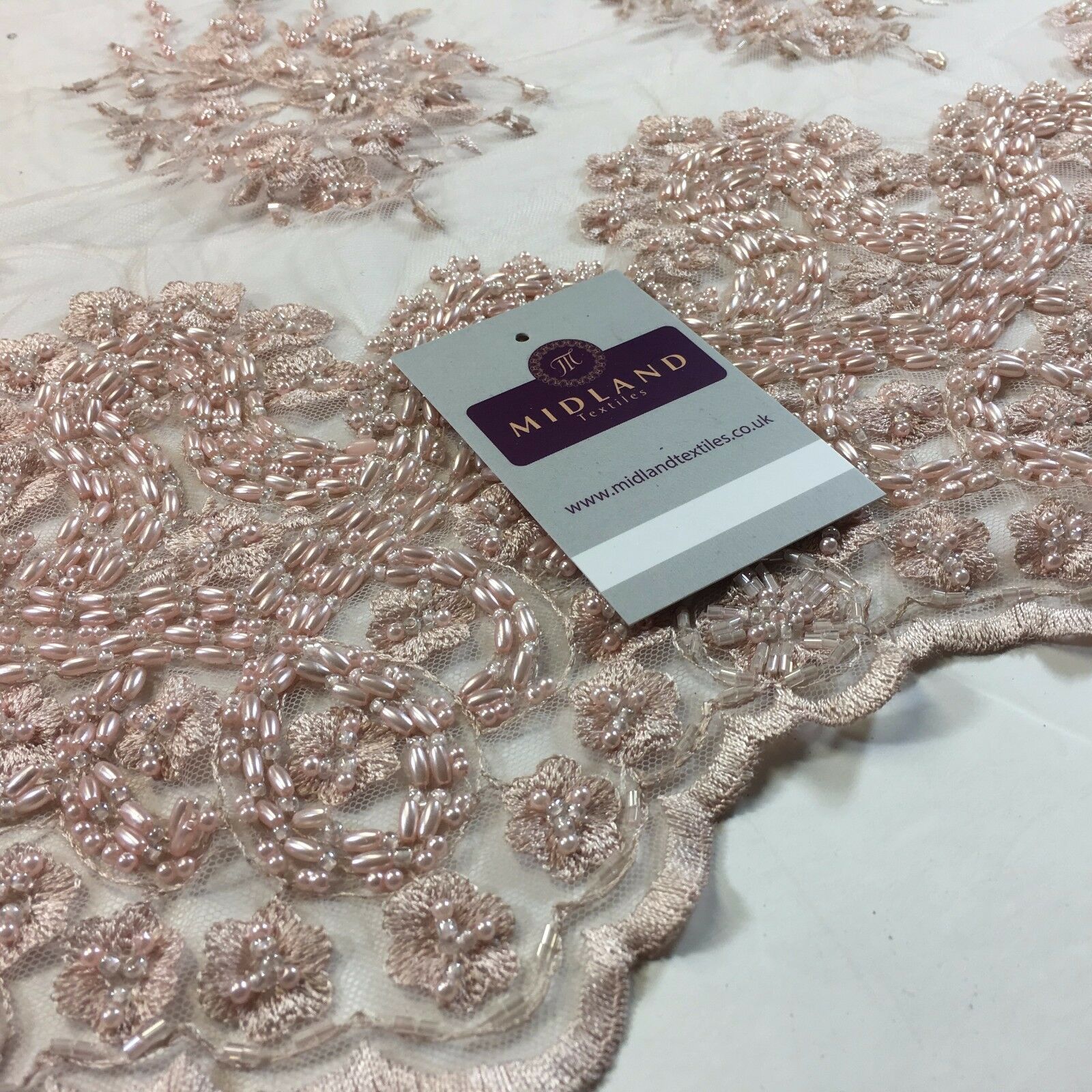 Faux Pearl Heavy Embellished Scalloped Edged Dress Net Fabric 58' M793 Mtex