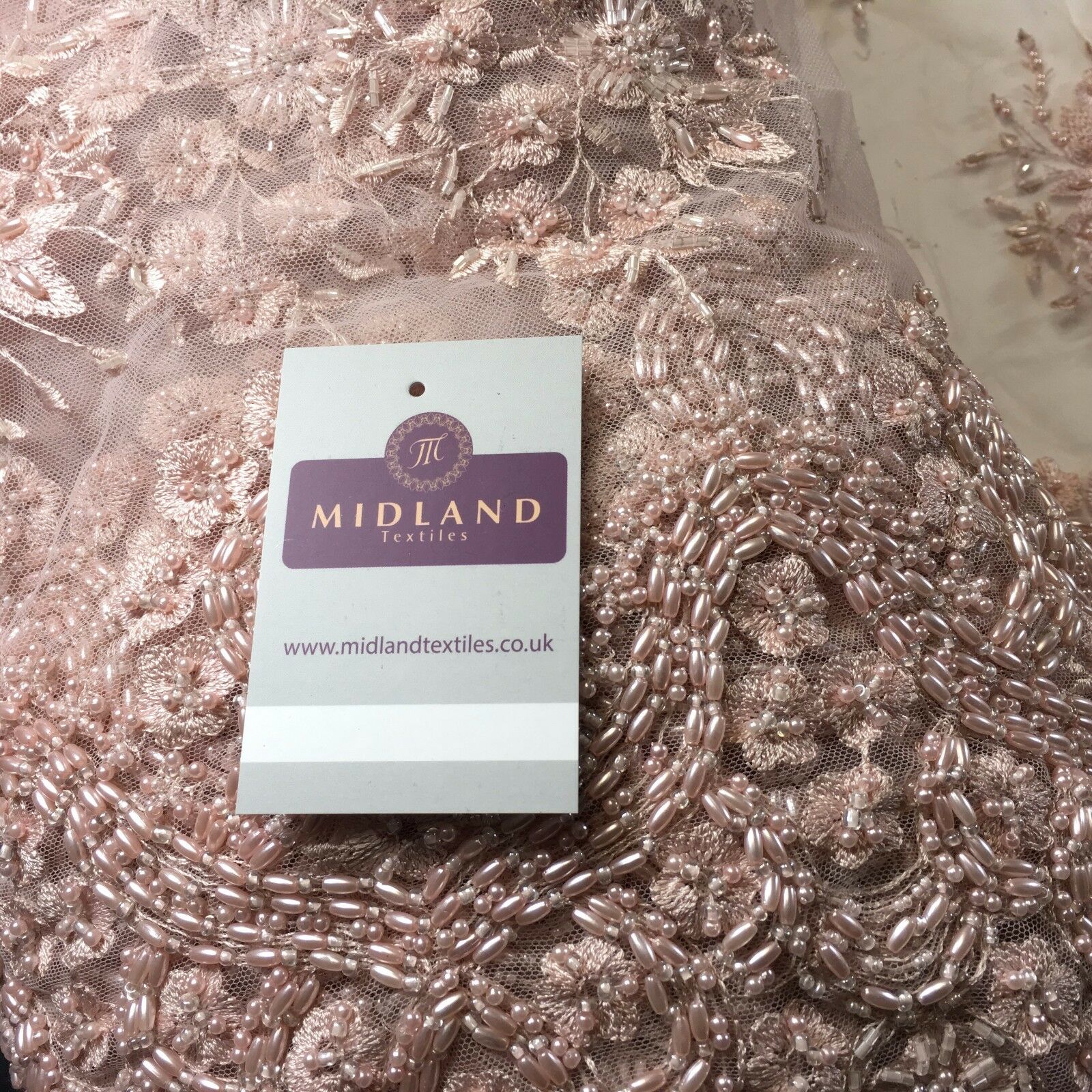 Faux Pearl Heavy Embellished Scalloped Edged Dress Net Fabric 58' M793 Mtex