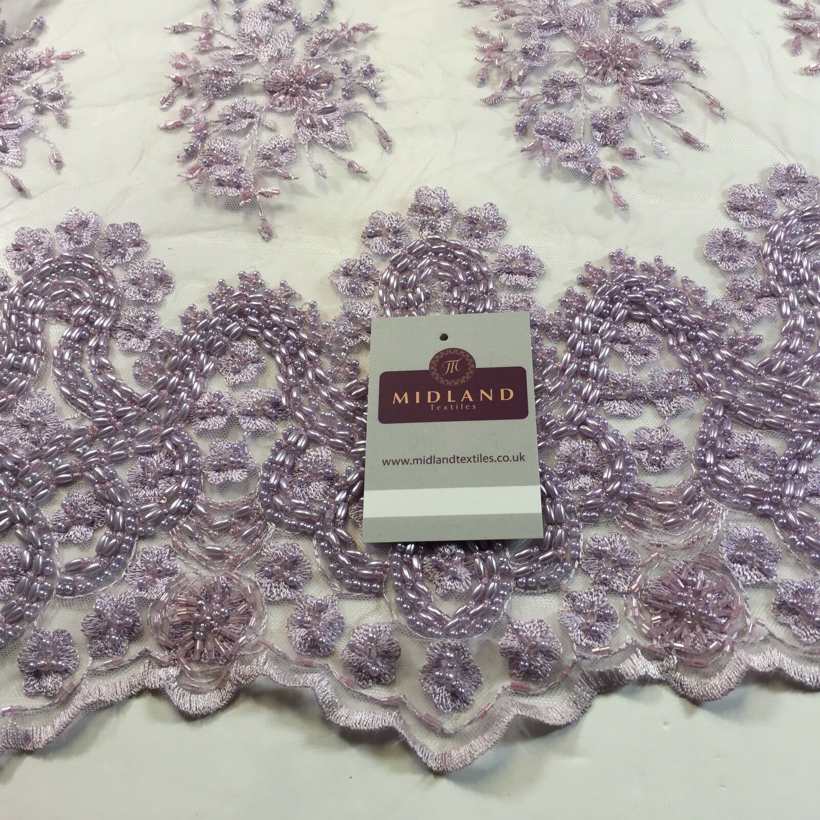 Faux Pearl Heavy Embellished Scalloped Edged Dress Net Fabric 58' M793 Mtex