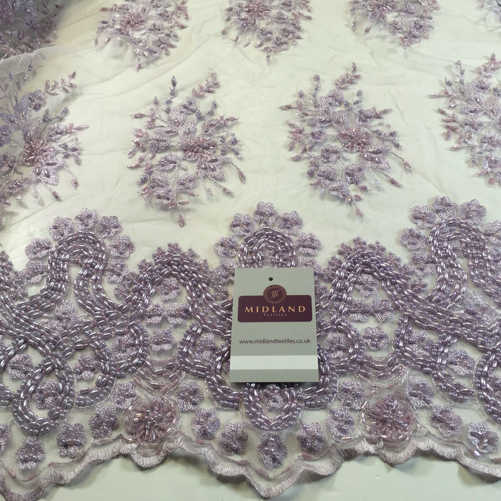 Faux Pearl Heavy Embellished Scalloped Edged Dress Net Fabric 58' M793 Mtex