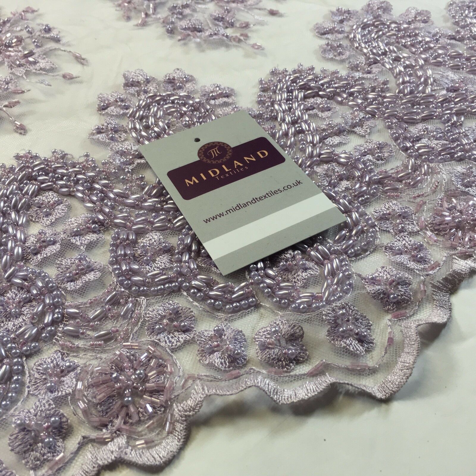 Faux Pearl Heavy Embellished Scalloped Edged Dress Net Fabric 58' M793 Mtex