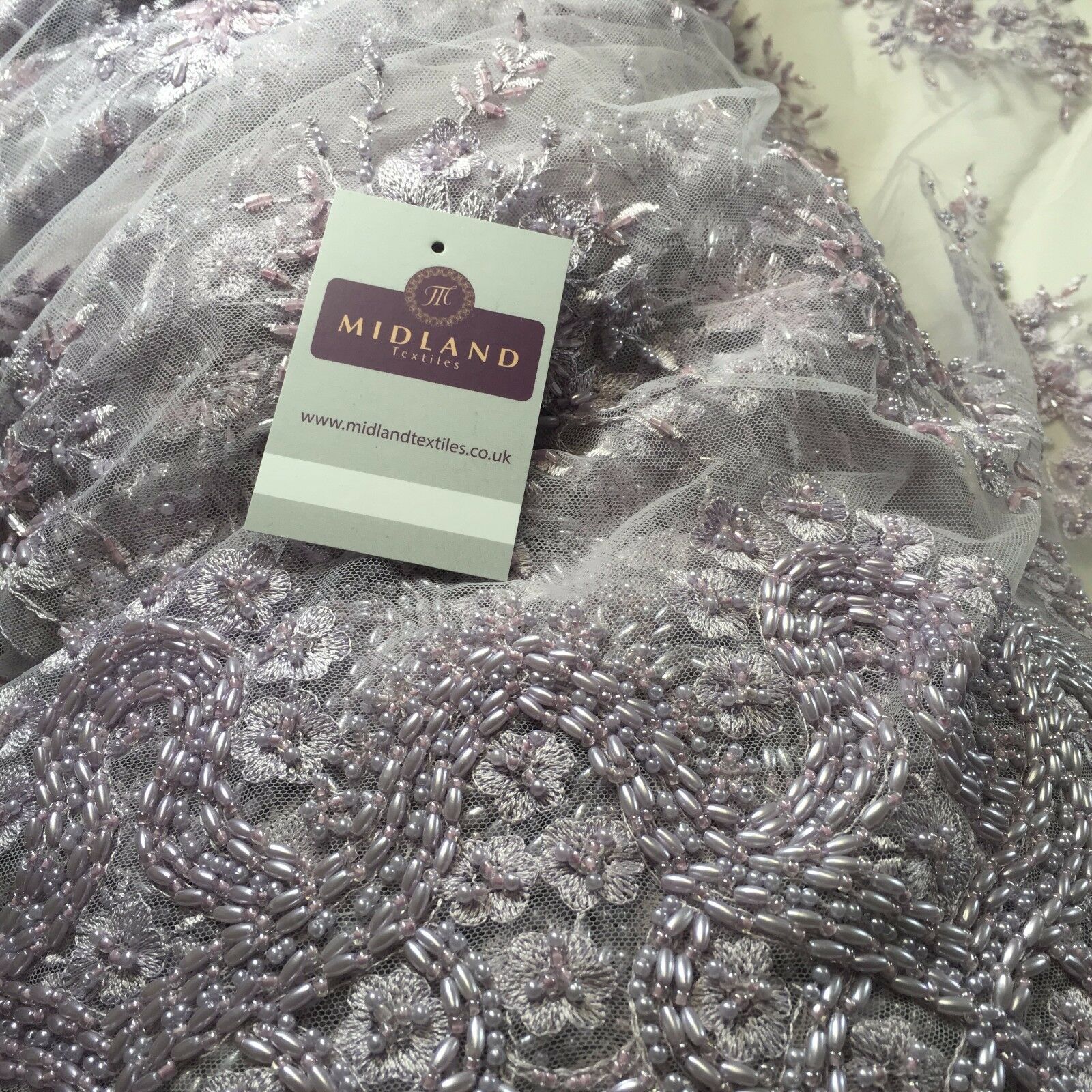 Faux Pearl Heavy Embellished Scalloped Edged Dress Net Fabric 58' M793 Mtex