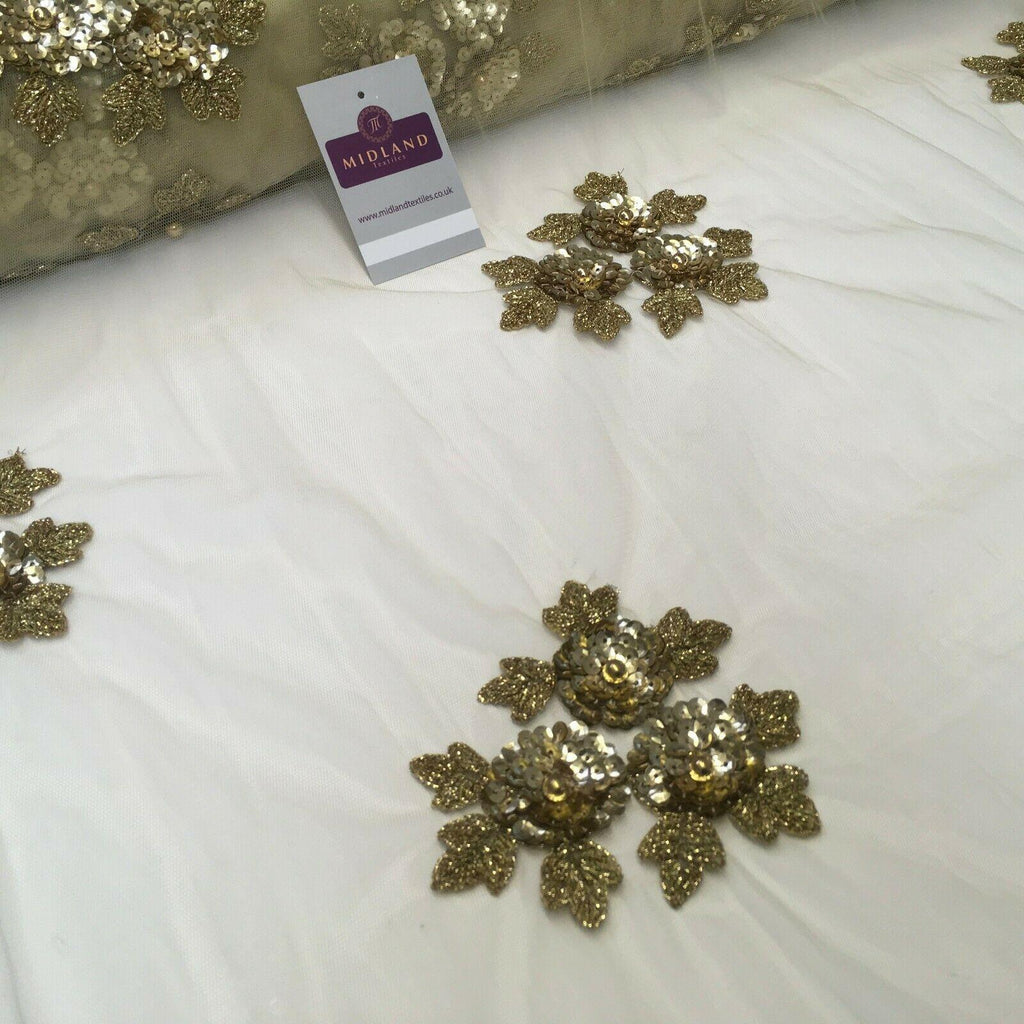 Gold Floral net with pearls Wedding Dress fabric 100 cm Wide MR1131-2 Mtex