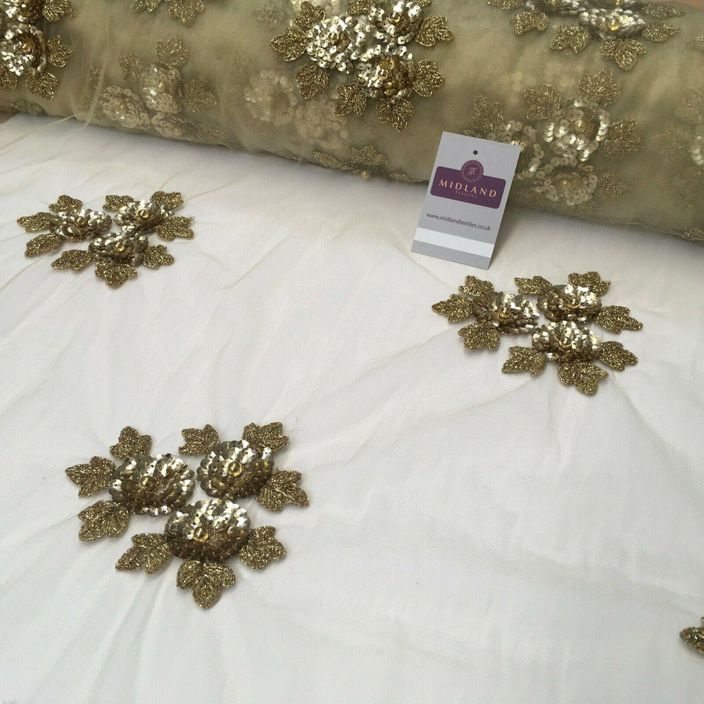 Gold Floral net with pearls Wedding Dress fabric 100 cm Wide MR1131-2 Mtex