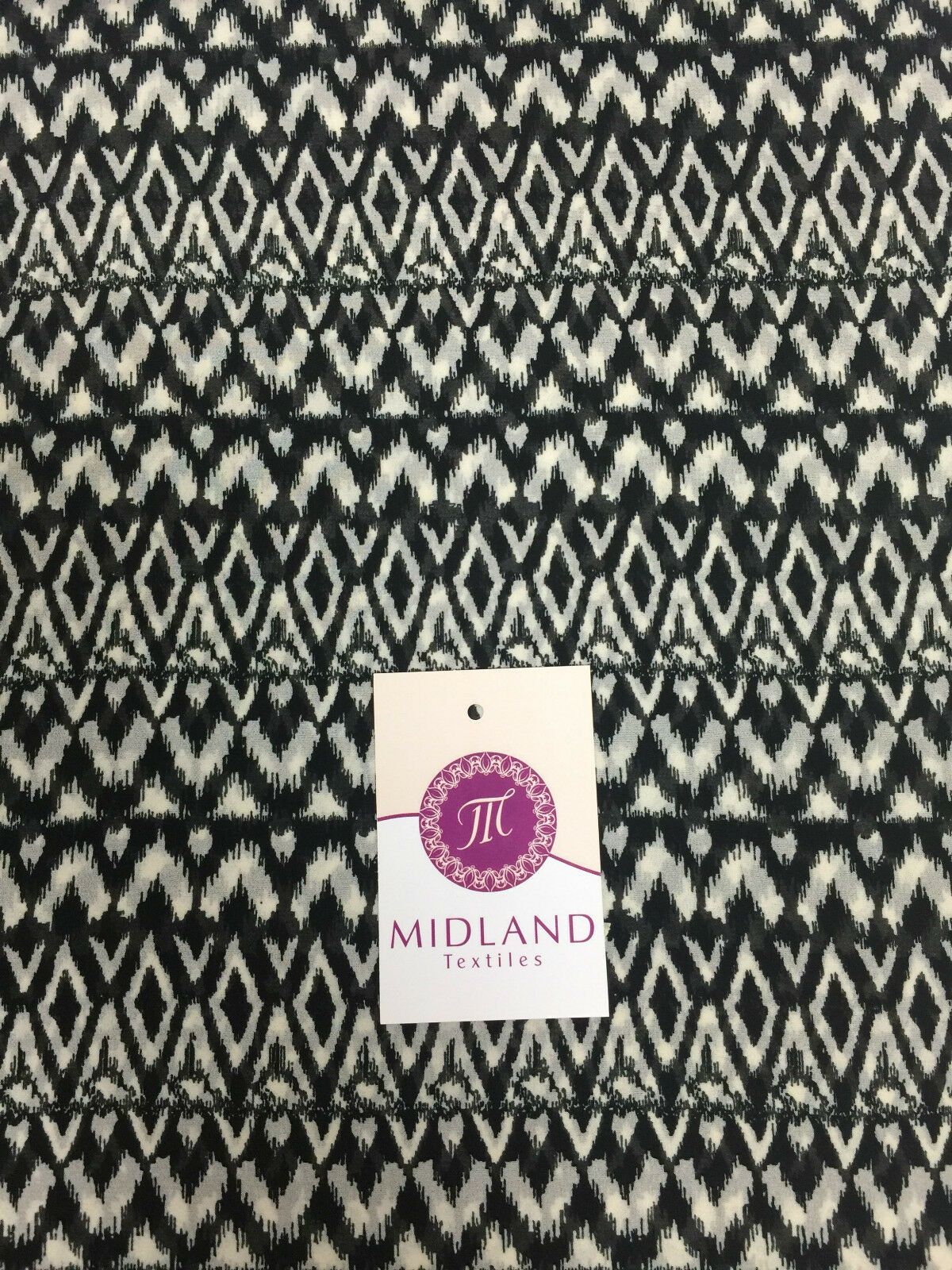 Black and Off white geometric tribal crepe chiffon ﻿printed fabric 58' M401-12