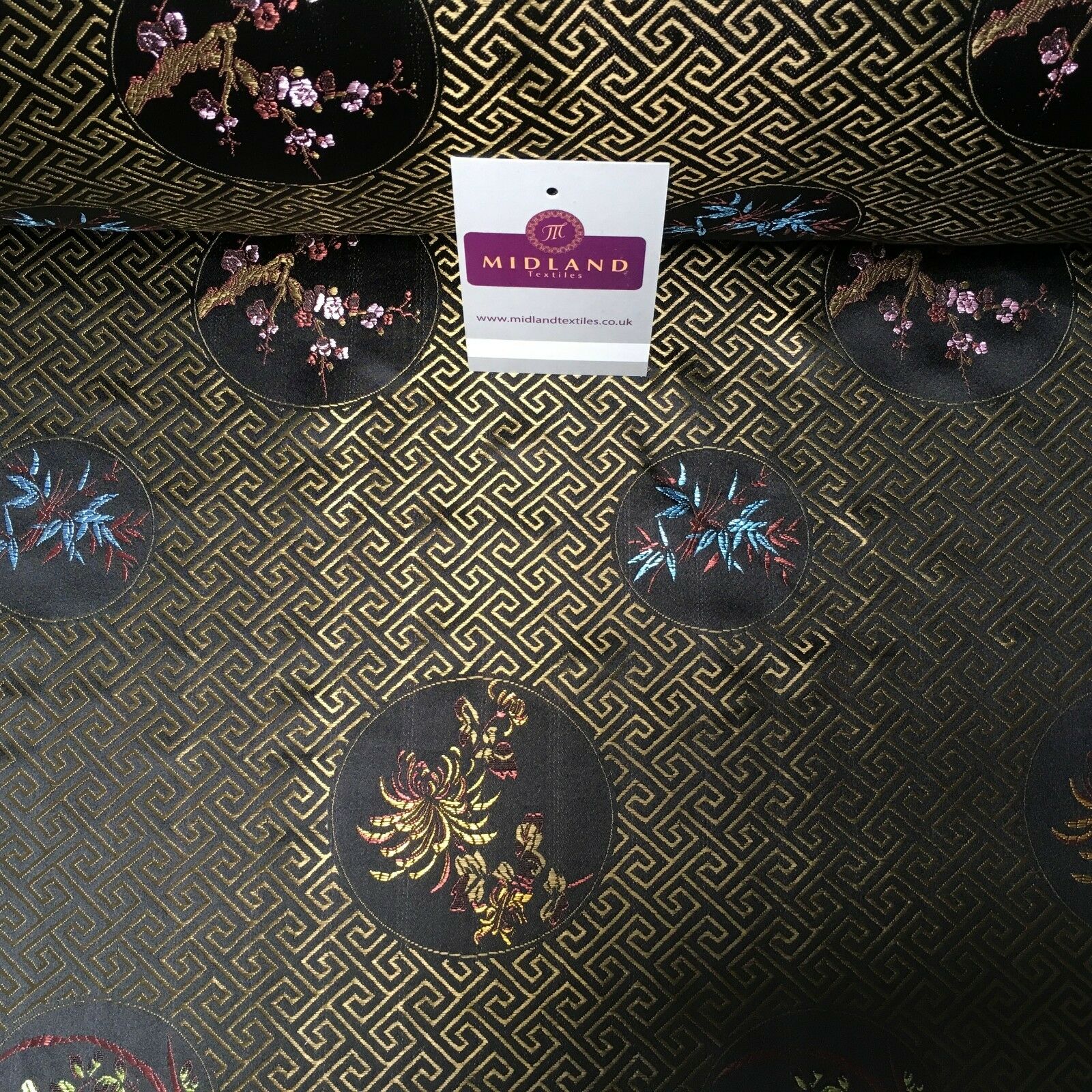 Greek Key Chinese brocade Silky Smooth Satin fabric 45' M663 Mtex